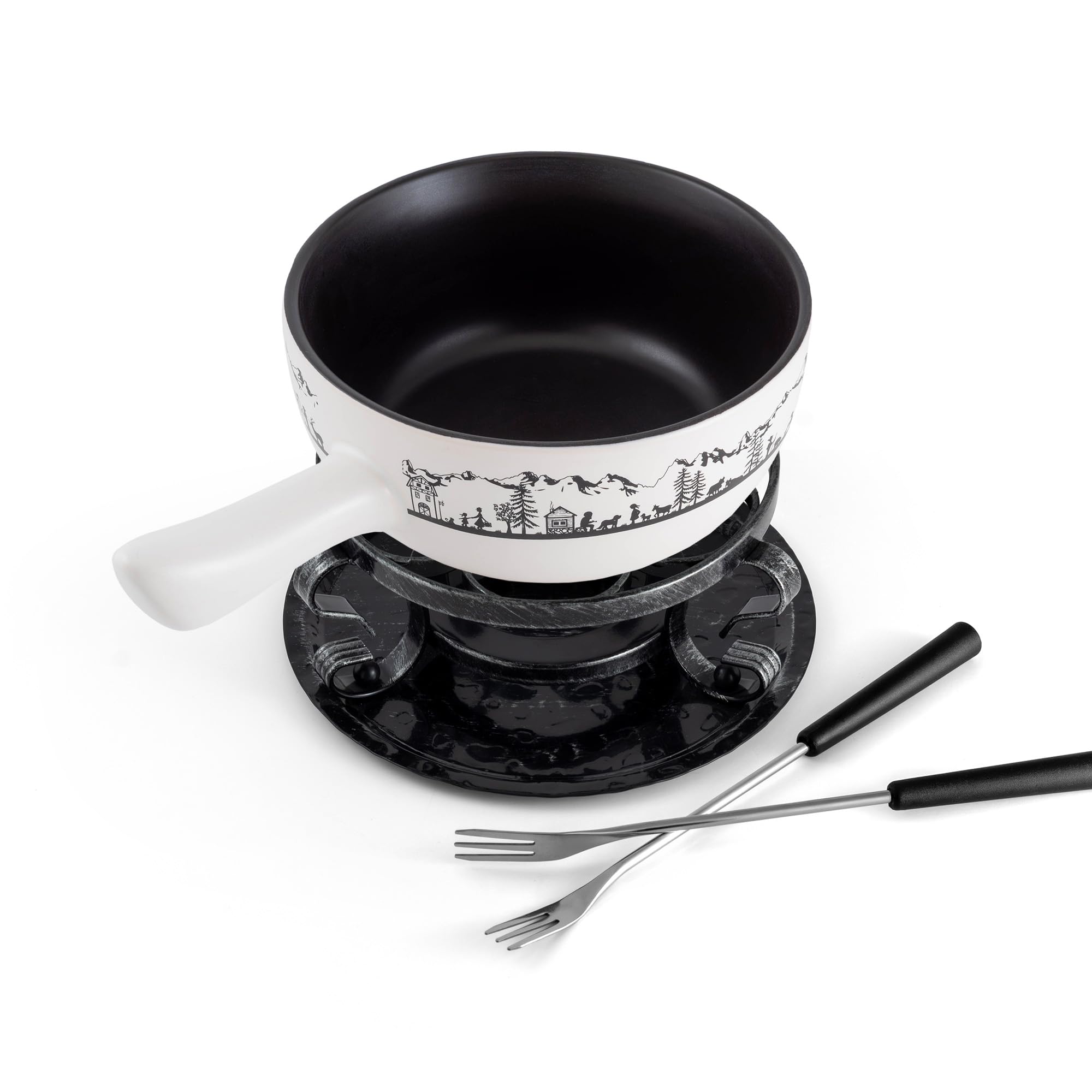 Swissmar Heidi Cheese Fondue Set - 2.8 QT / 2.65 L - Ceramic Fondue Pot with Rechaud, Fondue Burner, 6 Forks & Recipe Card - Ide