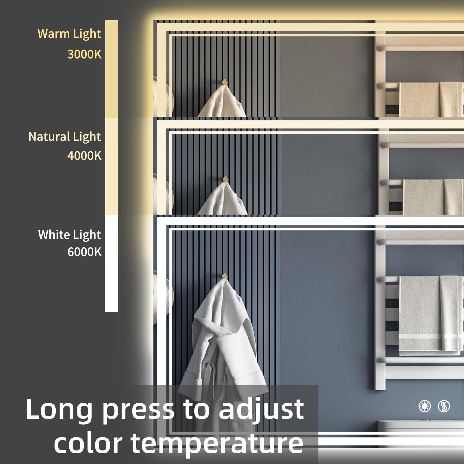 Wuenlux 48 X 28'' Led Mirror For Bathroom Anti-Fogging Bathroom Mirror With Lights Stepless Dimmable 3 Colors Front And Backlit