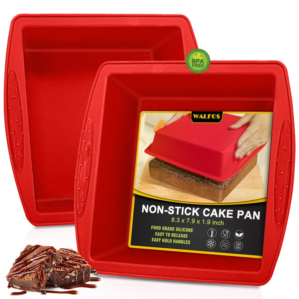 Walfos Silicone Square Cake Pan, 8 Inch, Red, Bpa Free, Non-Stick, Perfect For Brownies, Cakes, Bread, Pies, And Lasagna, Set Of