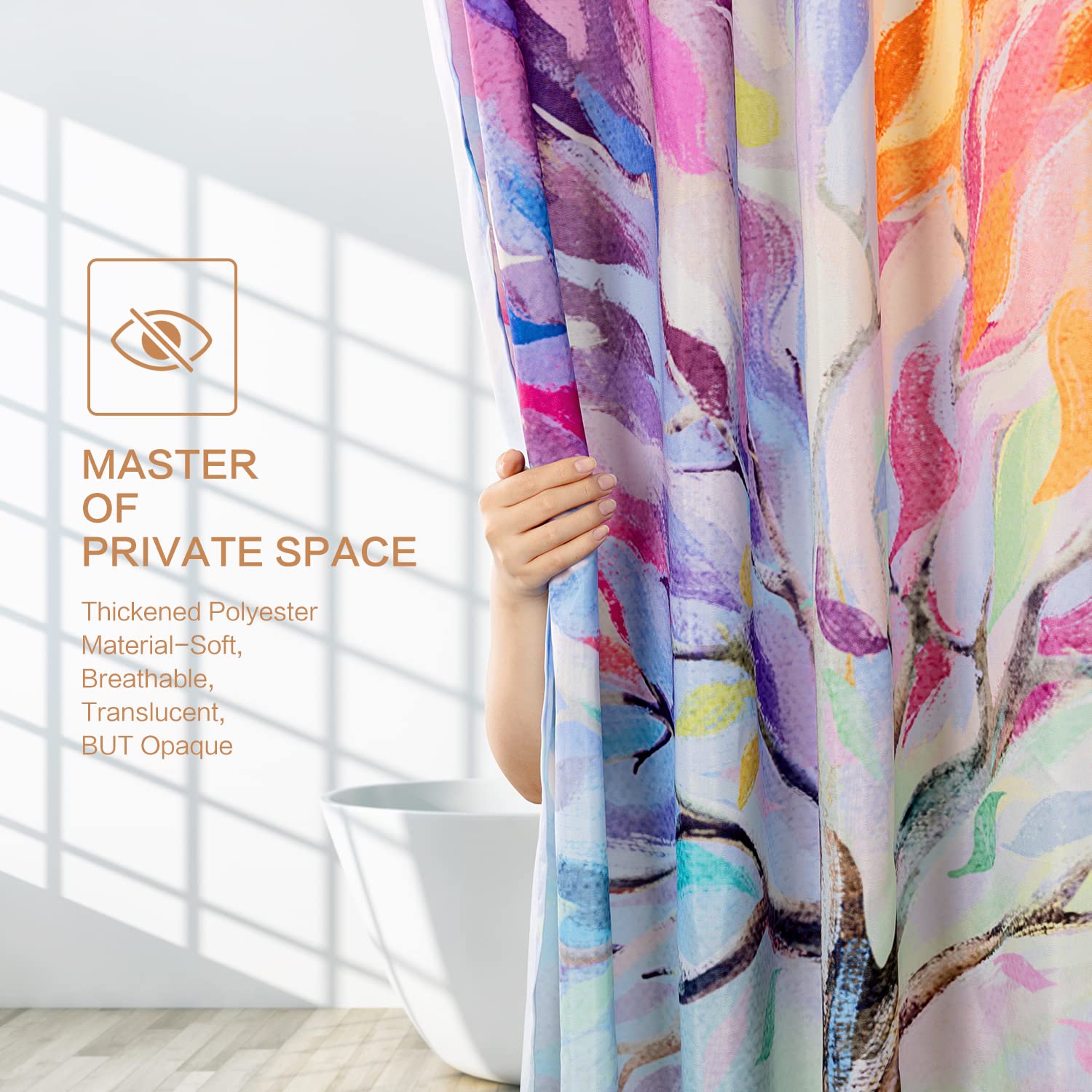 Oil Painting Tree Shower Curtain, Colored Seasons Tree Shower Curtain For Bathroom With 12 Hooks, Polyester Fabric Washable Show