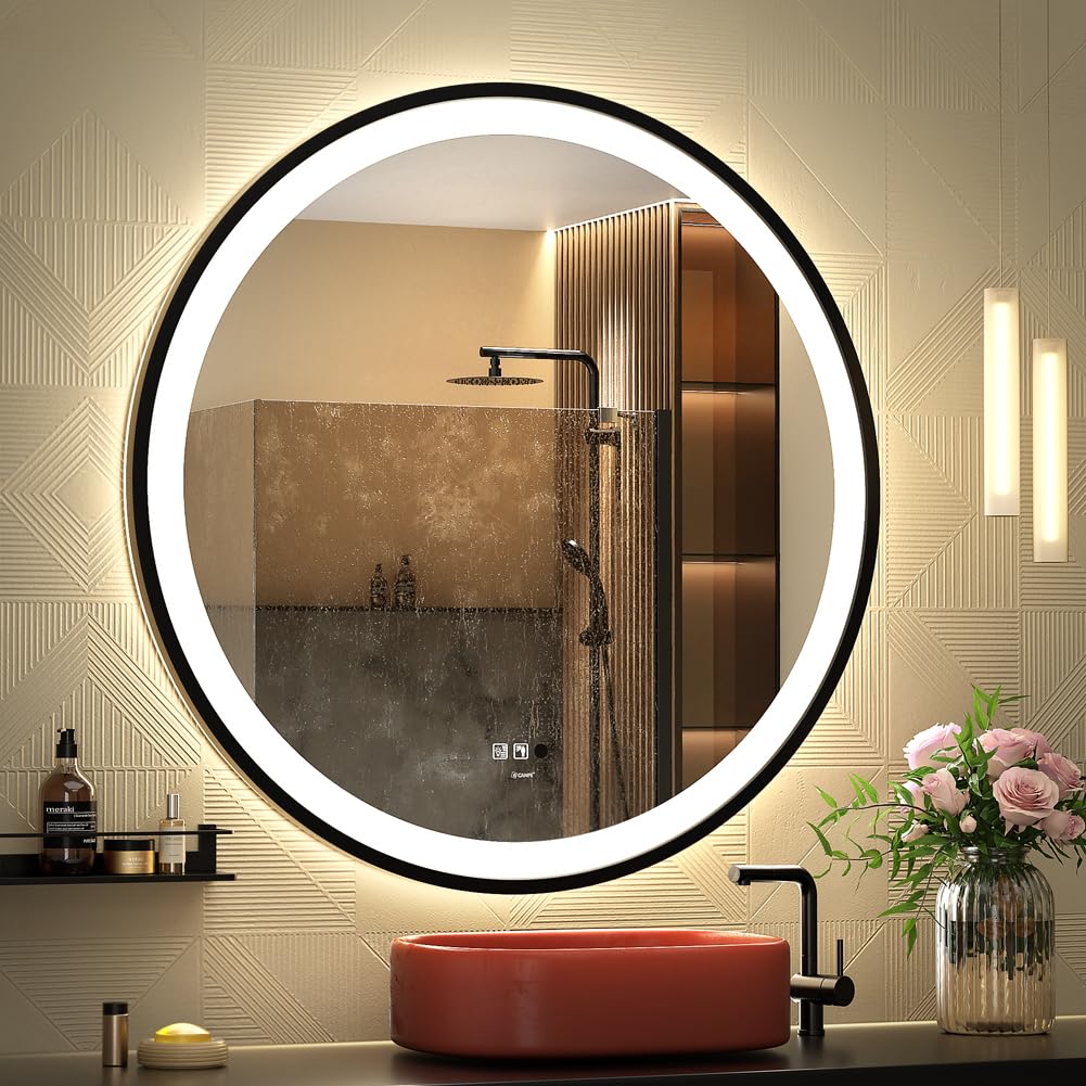 Ganpe Led Sensor Mirror, Round Human Body Induction, Black Framed Vanity Mirror, Illuminated Dimmable Anti Fog Ip44 Waterproof W