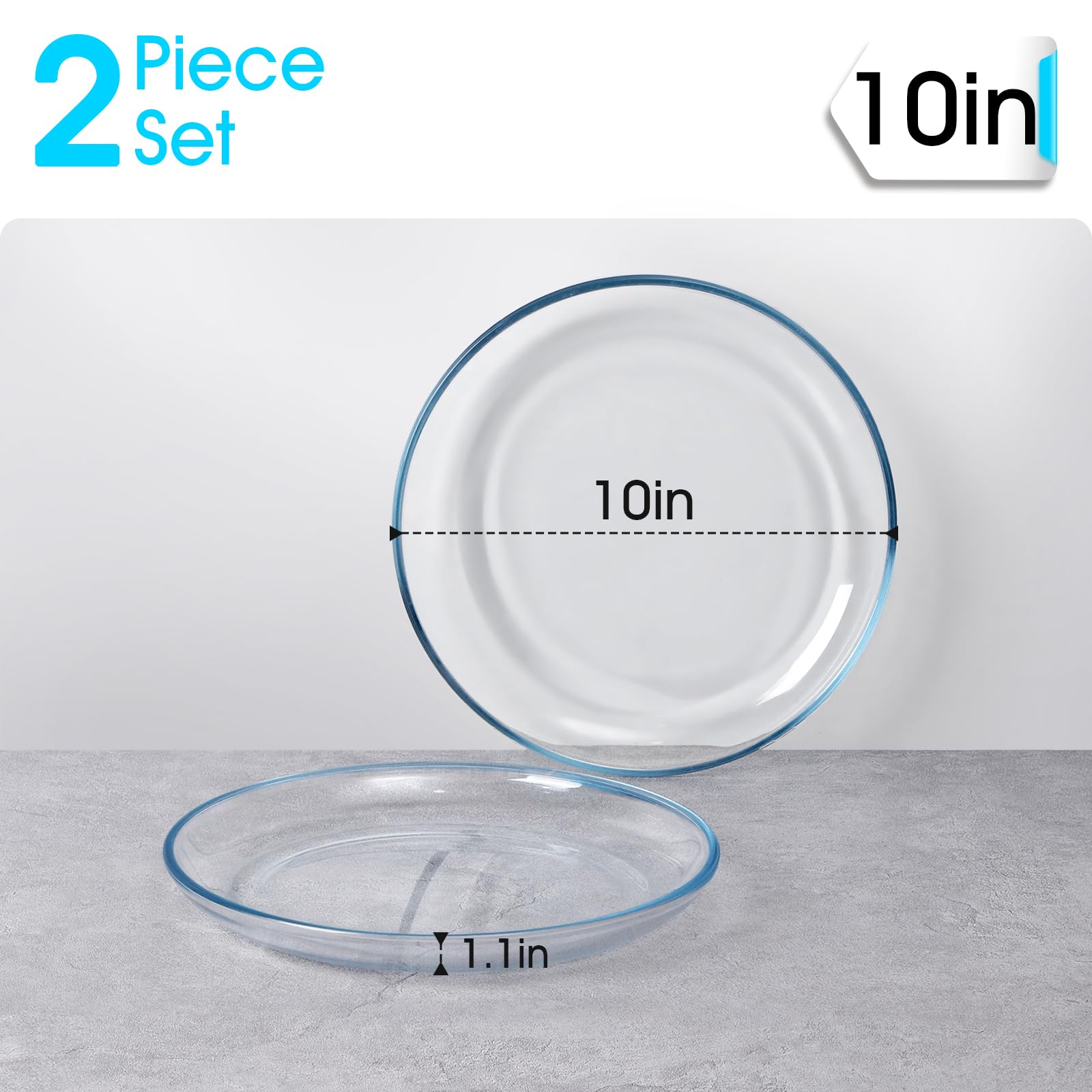 Nutriups 2 Pack 10 Inch Glass Plates, Clear Tempered Glass Dinner Plates, Glass Serving Dinnerware For Pasta, Salad, Dishwasher