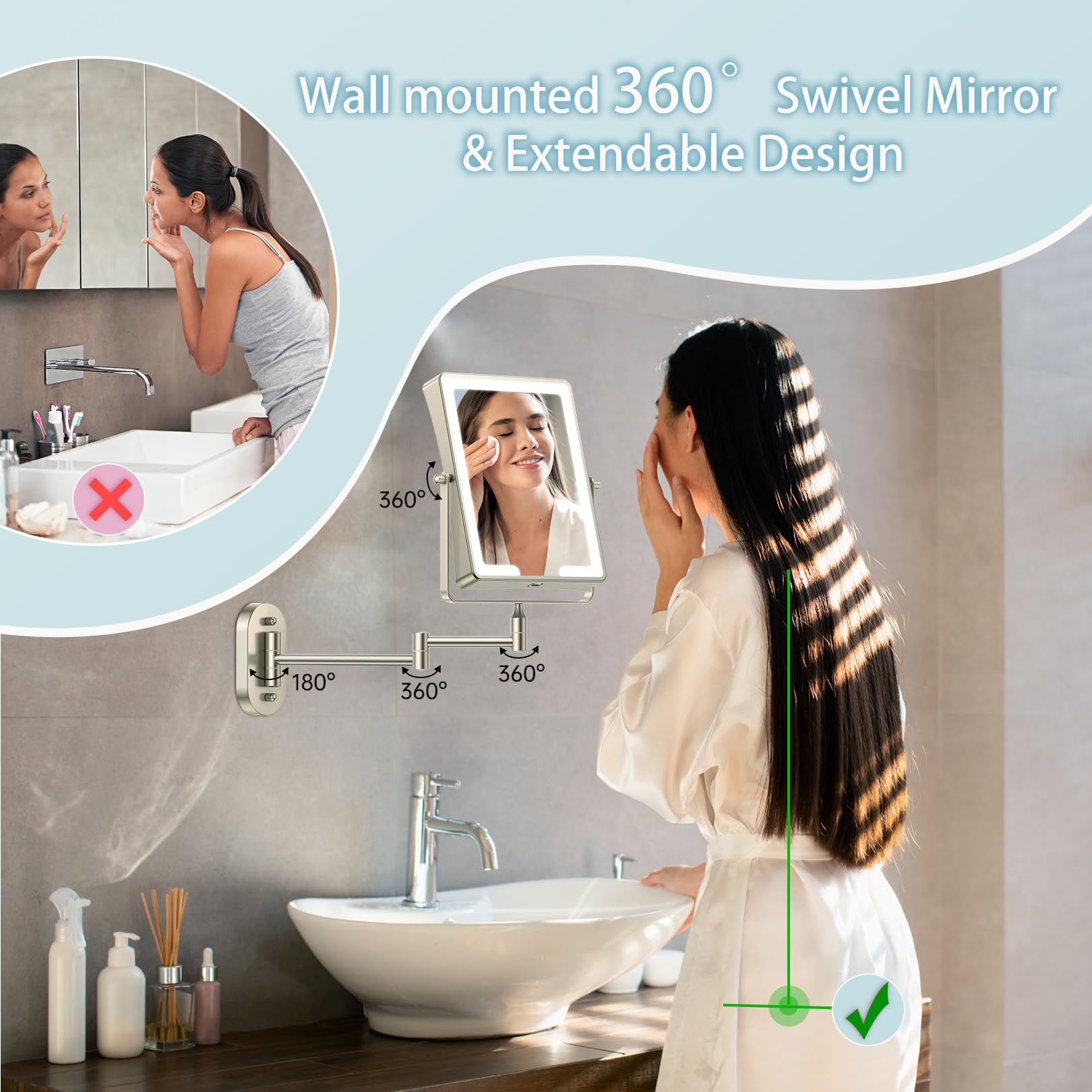 Fascinate Rechargeable Wall Mounted Makeup Mirror,8.7 Double Sided Touch Switch 1X 10X Rectangle Wall Mounted Magnifying Mirror