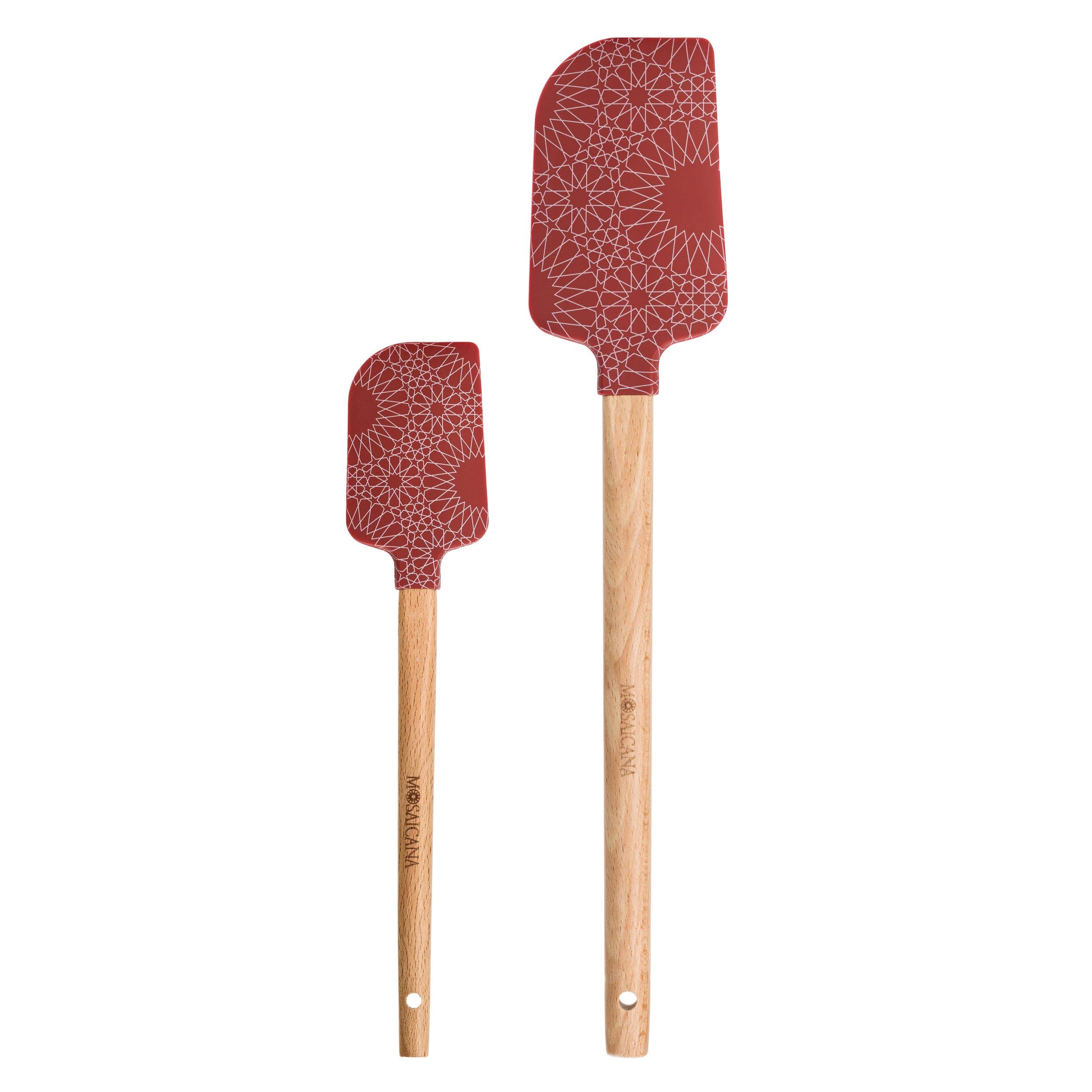 Silicone Spatula Set Of 2 With Wooden Handle And Stunning Pattern (Red)