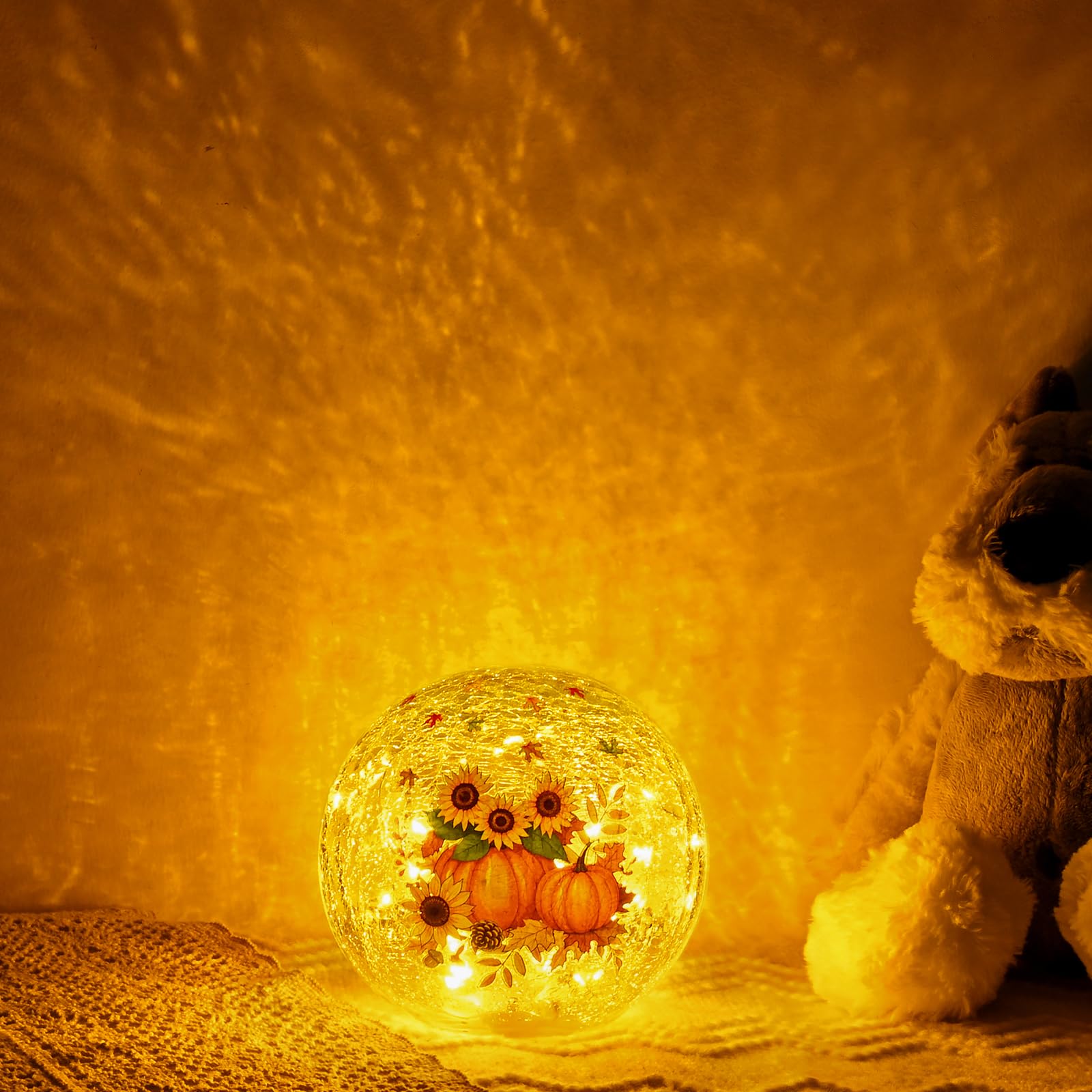 FRAMICS 5.9 Fall Decorations for Home Sunflower Pumpkin Crackle Glass Balls Led Globe Light with Timer Thanksgiving Decorations