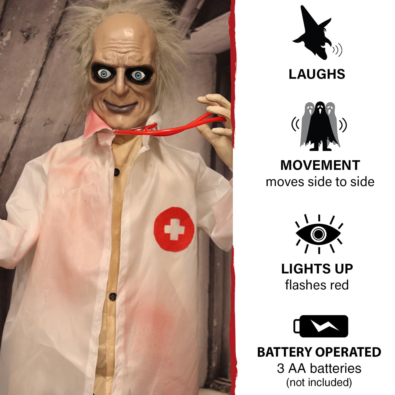 Haunted Hill Farm Life-Size Scary Doctor Animatronic with Touch Activated Lights and Sounds, Battery Operated Indoor or Covered