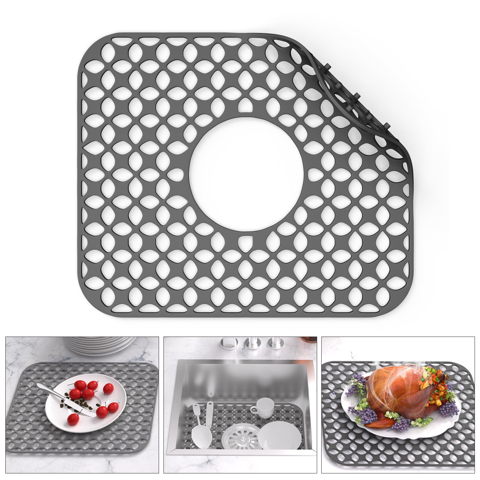 TOOVEM Sink Protectors for Kitchen Sink, Folding Non-slip Kitchen Mat, Heat Resistant Silicone Mat 1 Pcs, Grey, 13.58 x 11.6 