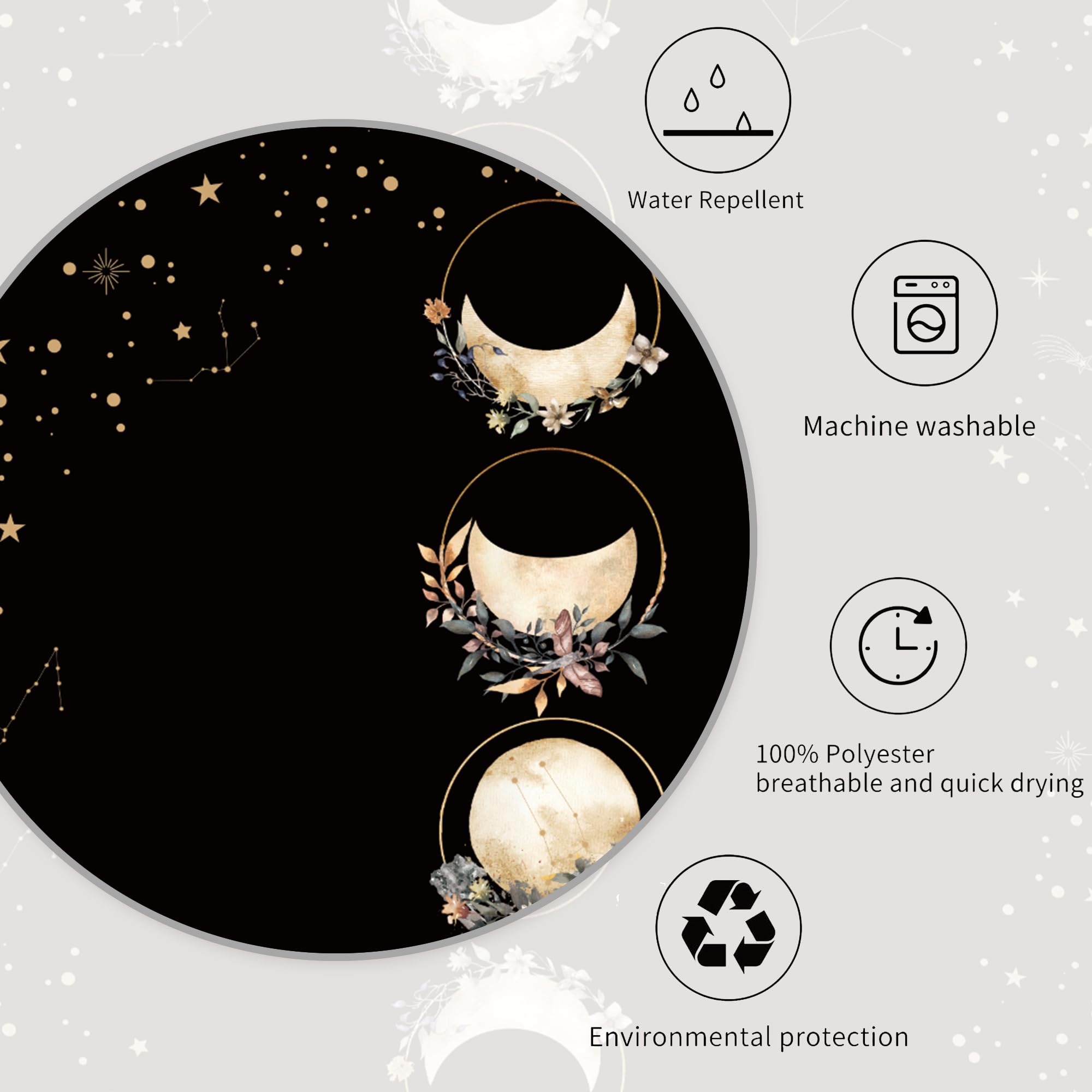 Miyotaa Moon Phase Moonlit Gothic Shower Curtain Set 60Wx71H Inches Black Witchy Tarot Mysterious Zodiac Constellation Astrology