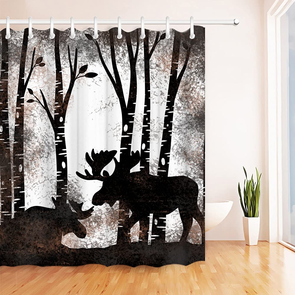 Rnnjoile Moose Shower Curtain Fabric Vintage Wild Animal In Trees Forest Silhouette Bath Curtain For Cabin Farmhouse Wildlife Ba