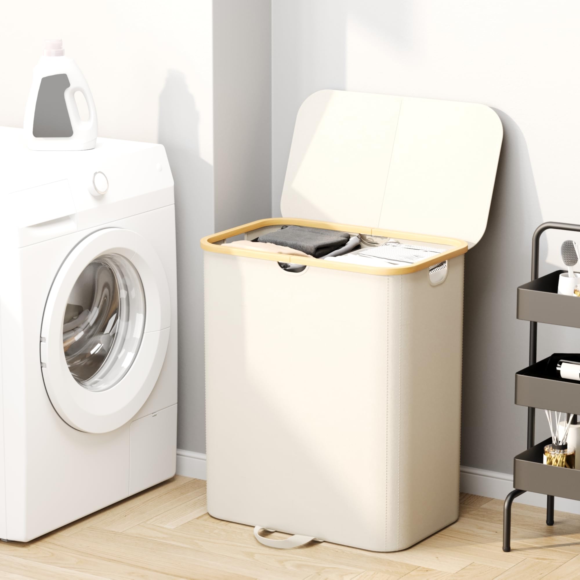 Xlhomo 160L Double Laundry Hamper With Lid, Dirty Clothes Hamper With 2 Removable Bags, Beige Laundry Hamper 2 Section With Bamb