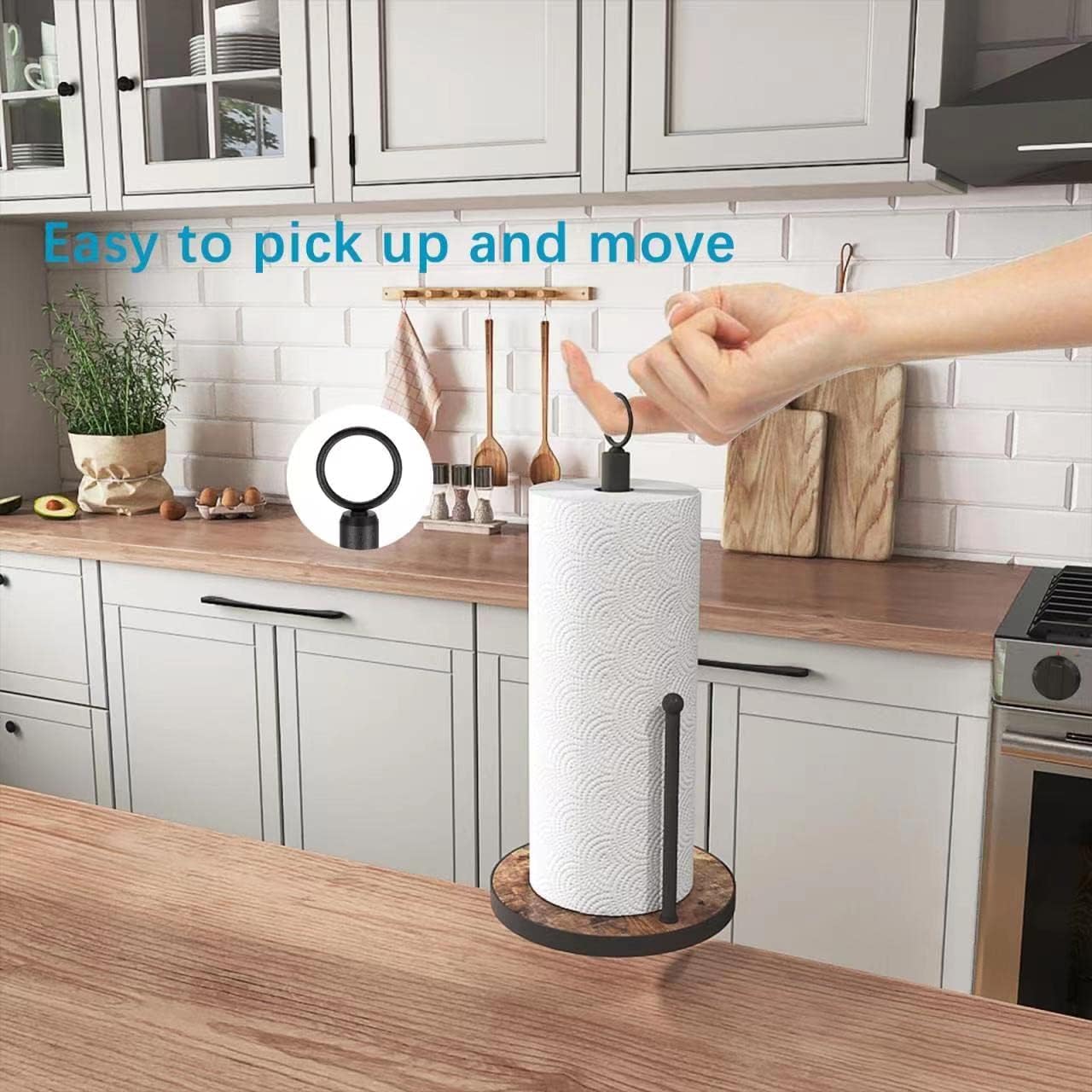 Oropy Paper Towel Holder Countertop With Heavy Duty Wood Base, Farmhouse Paper Towel Roll Stand For Kitchen Counter Fits Standar