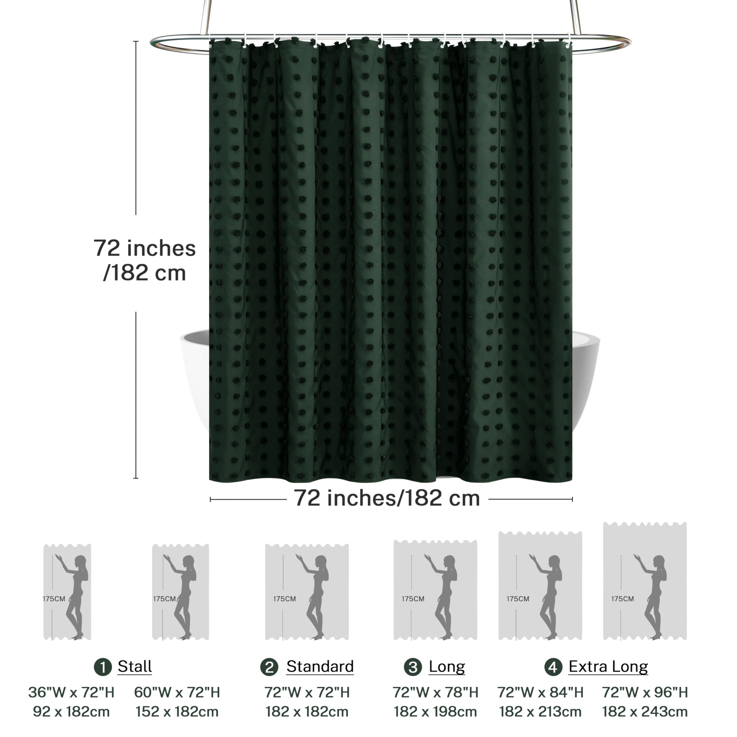 Boho Farmhouse Dark Green Shower Curtain Woven Fabric Shower Curtain, 72 X 72 Tufted Pleat Floral Puffs Textured Modern Farmhous