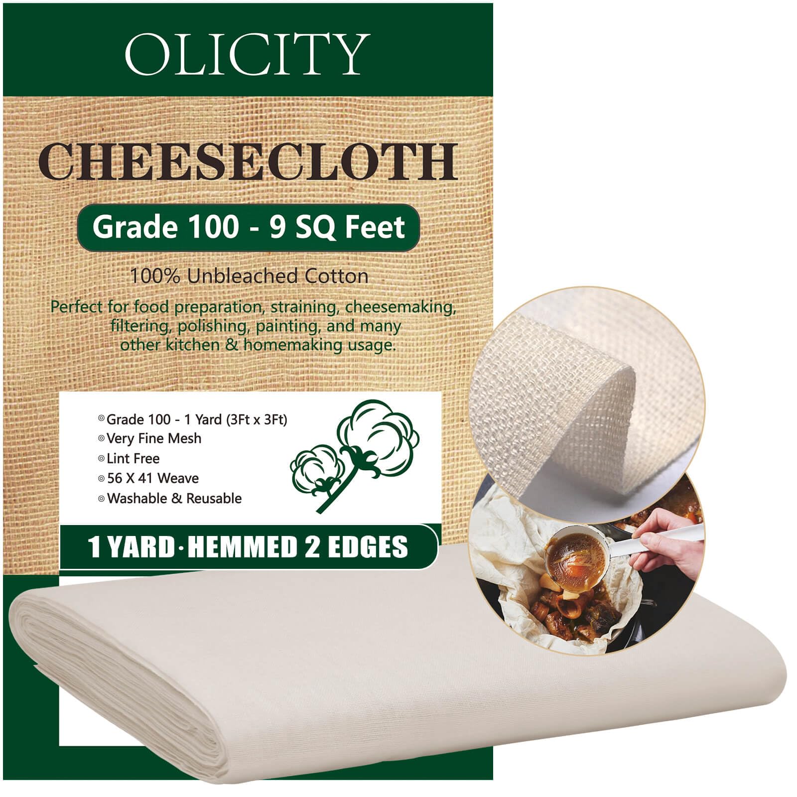 Olicity Cheese Cloths, Grade 100, 36X36Inch, 9 Sq Feet,Hemmed 2 Edges Cheese Cloth Fabric Fine Mesh Cloth,Reusable 100% Cotton U