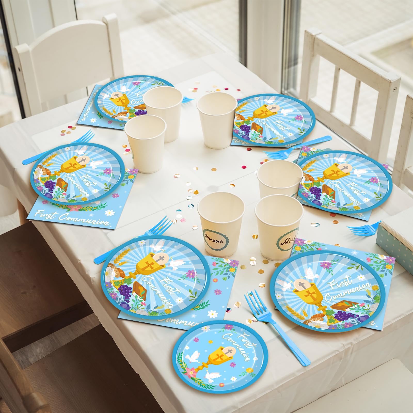 Kepeel 96 Pcs Blue Baptism Plates And Napkins, First Holy Communion Party Decorations Supplies For Boys God Bless Christening Ce