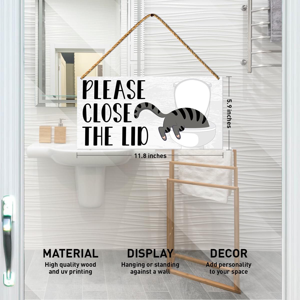 Cat Bathroom Sign Wood Decor, Cat Guest Bathroom Decoration Toilet Powder Room Vintage Wall Decor, Housewarming Gifts for Women