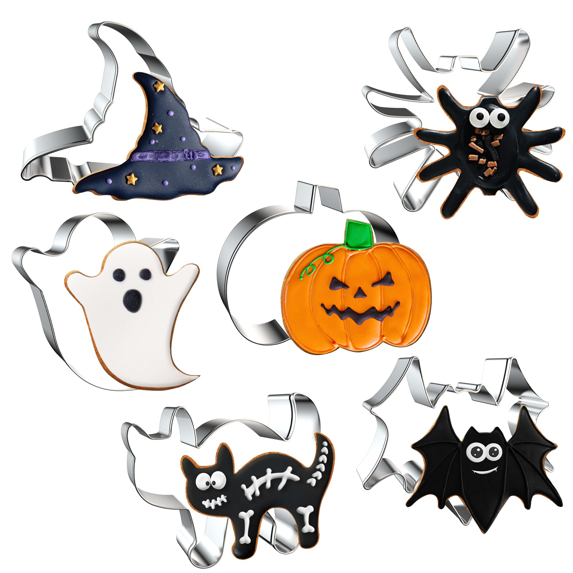 Fusoto Halloween Cookie Cutters, 6 Pcs Holiday Cookie Cutters Halloween Shapes - Spider, Pumpkin, Bat, Cat, Ghost, Witch Hat For