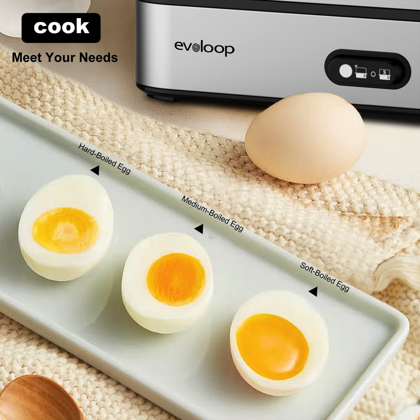 evoloop Electric Egg Cooker - 6 Eggs Capacity, Soft/Medium/Hard Boiled, Poacher, Omelet Maker, Auto Shut-Off, Silver, Model EPS-KY-305