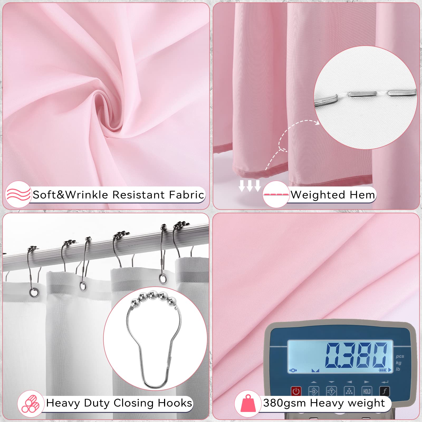 Bathroom Accessory Set - Bathroom Sets With Shower Curtain, Pink Ombre Waterproof Shower Curtain With Stainless Steel Hooks, Bat