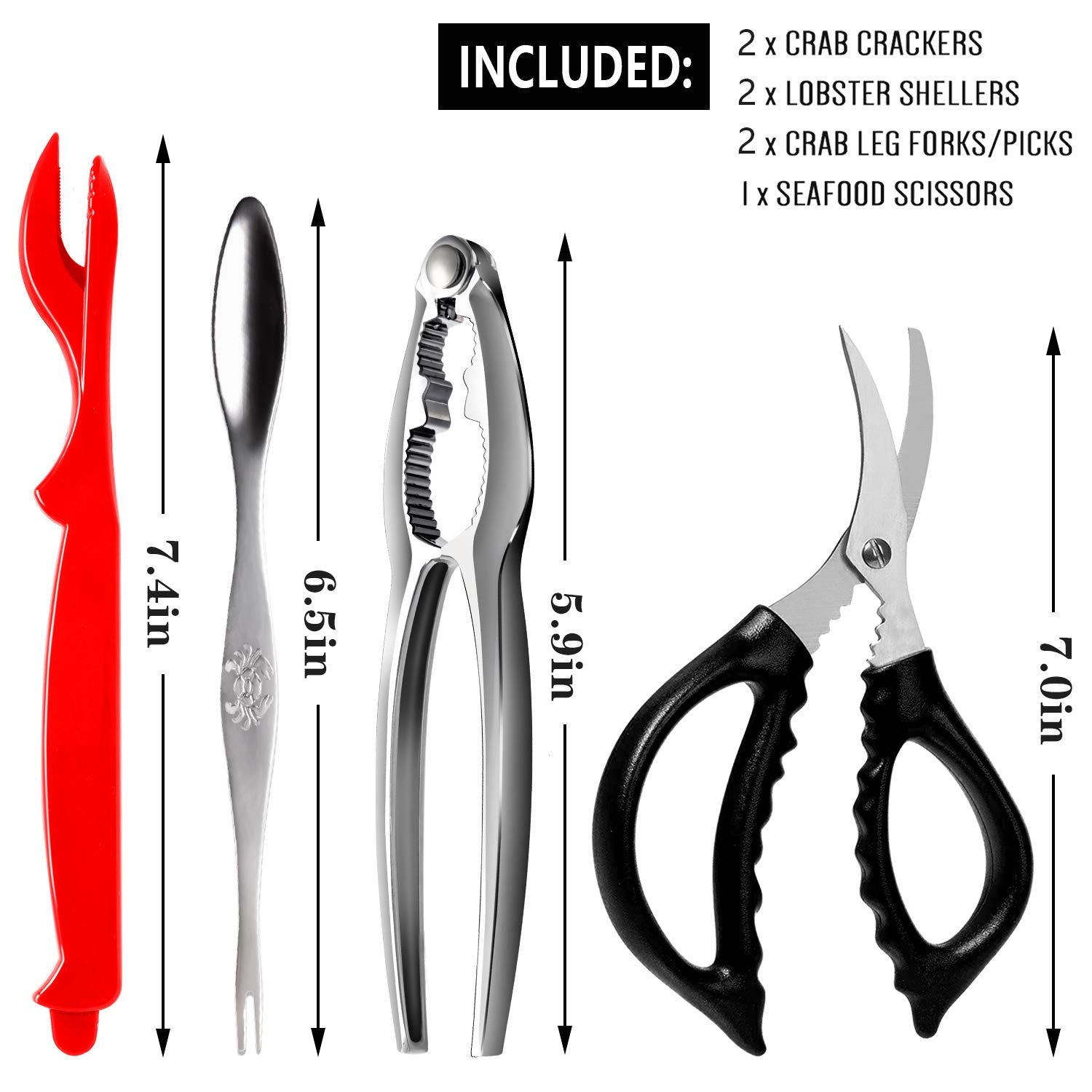 ZAUGONTW 7Pcs Seafood Tools Set - 4 Forks, 2 Lobster Crackers, Seafood Scissors, Red & Black