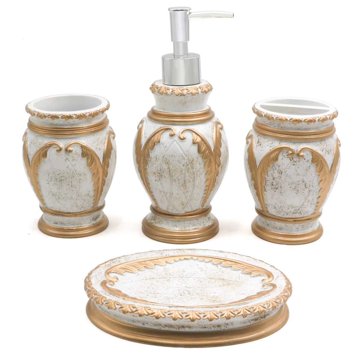 Luant 4 Pieces Bathroom Accessory Set Including Tumbler, Toothbrush Holder, Soap Dish And Soap Dispenser, Black With Gold
