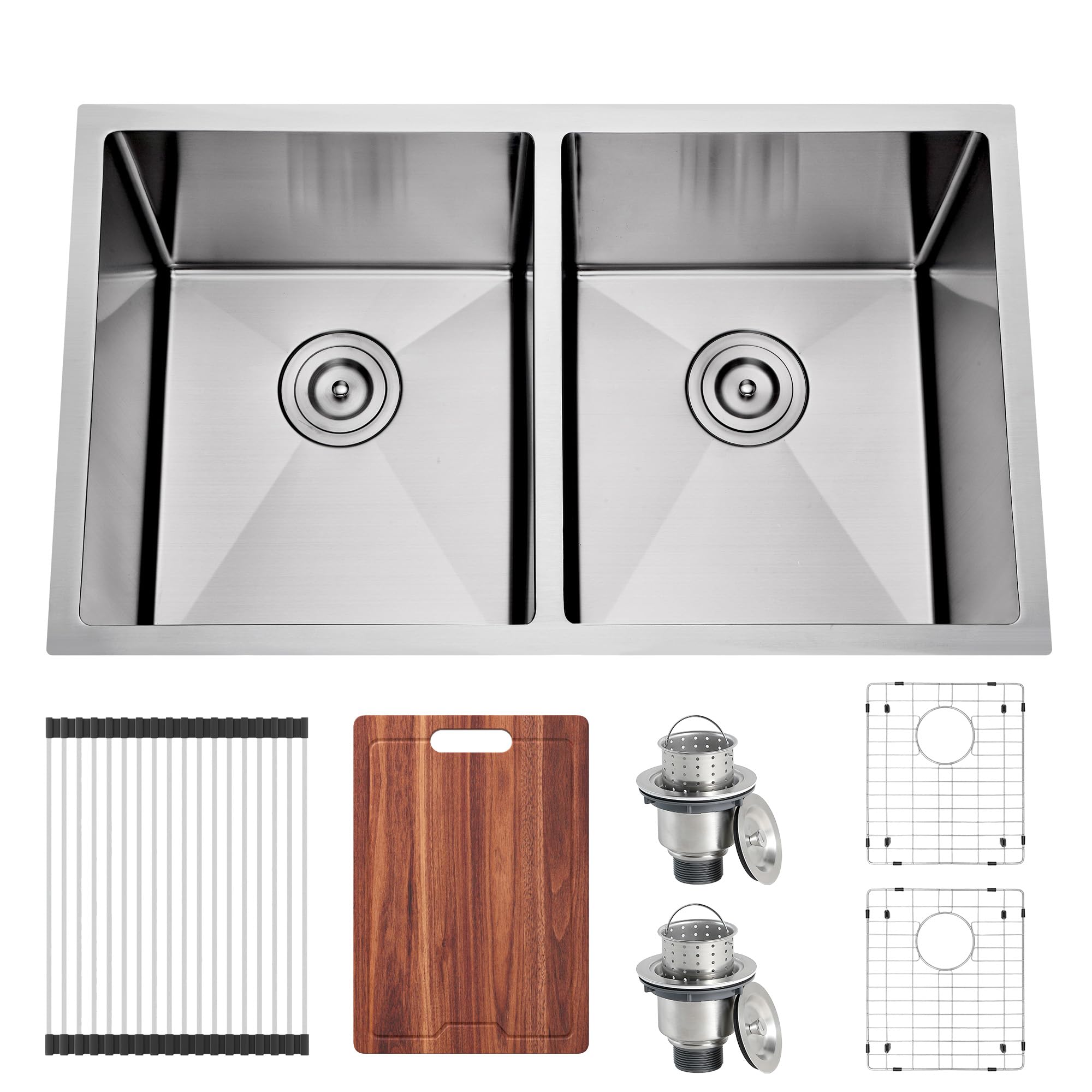 Joviprime 32 Inch 50/50 Double Bowl Kitchen Sink Undermount 16 Gauge 304 Stainless Steel Rectangular Spacious Double Bowl Sinks