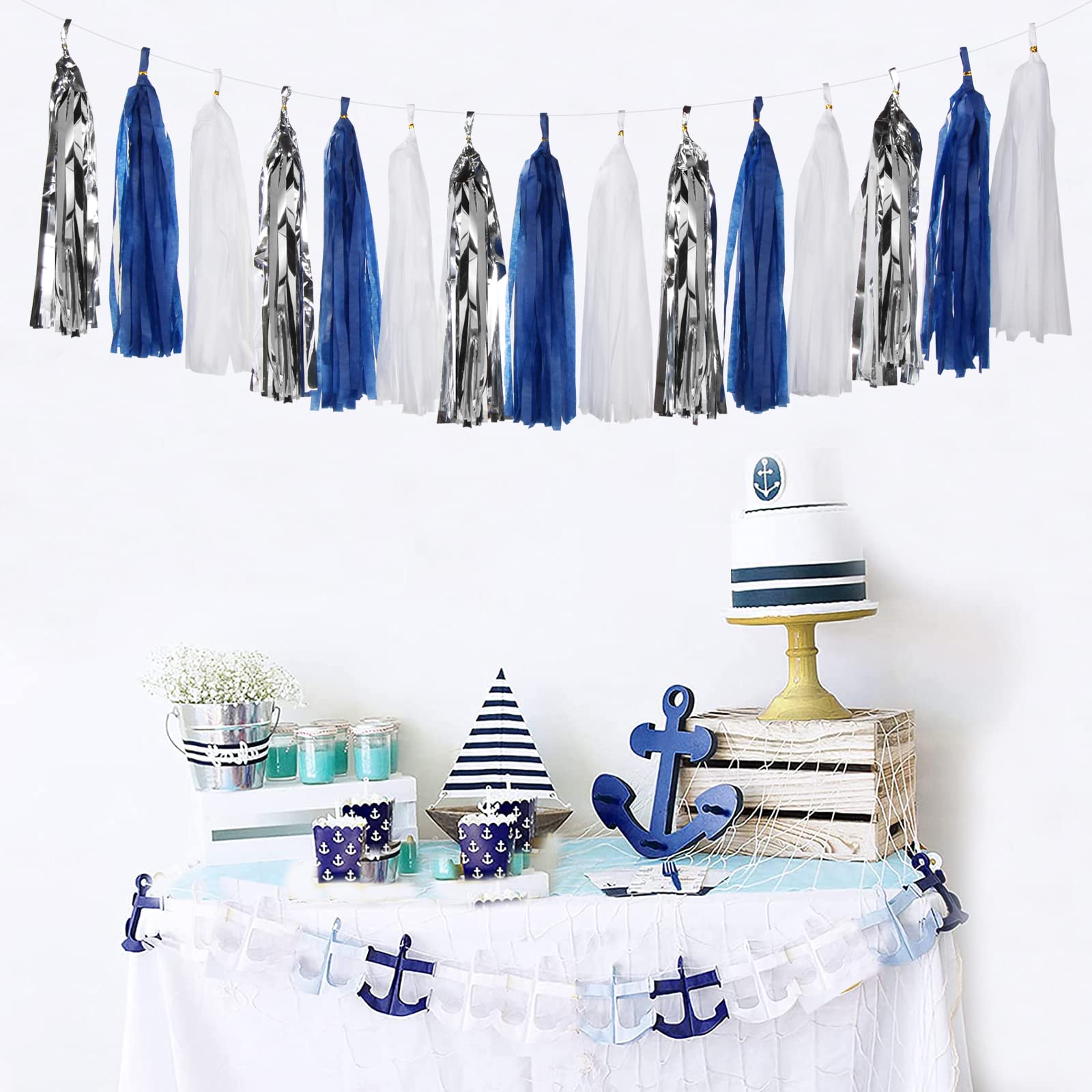 Navy-Blue White-Silver Tassel Garland Streamers - 15pcs Party Decorations Tissue Paper Tassels Banner,Graduation 2025 Wedding Ba