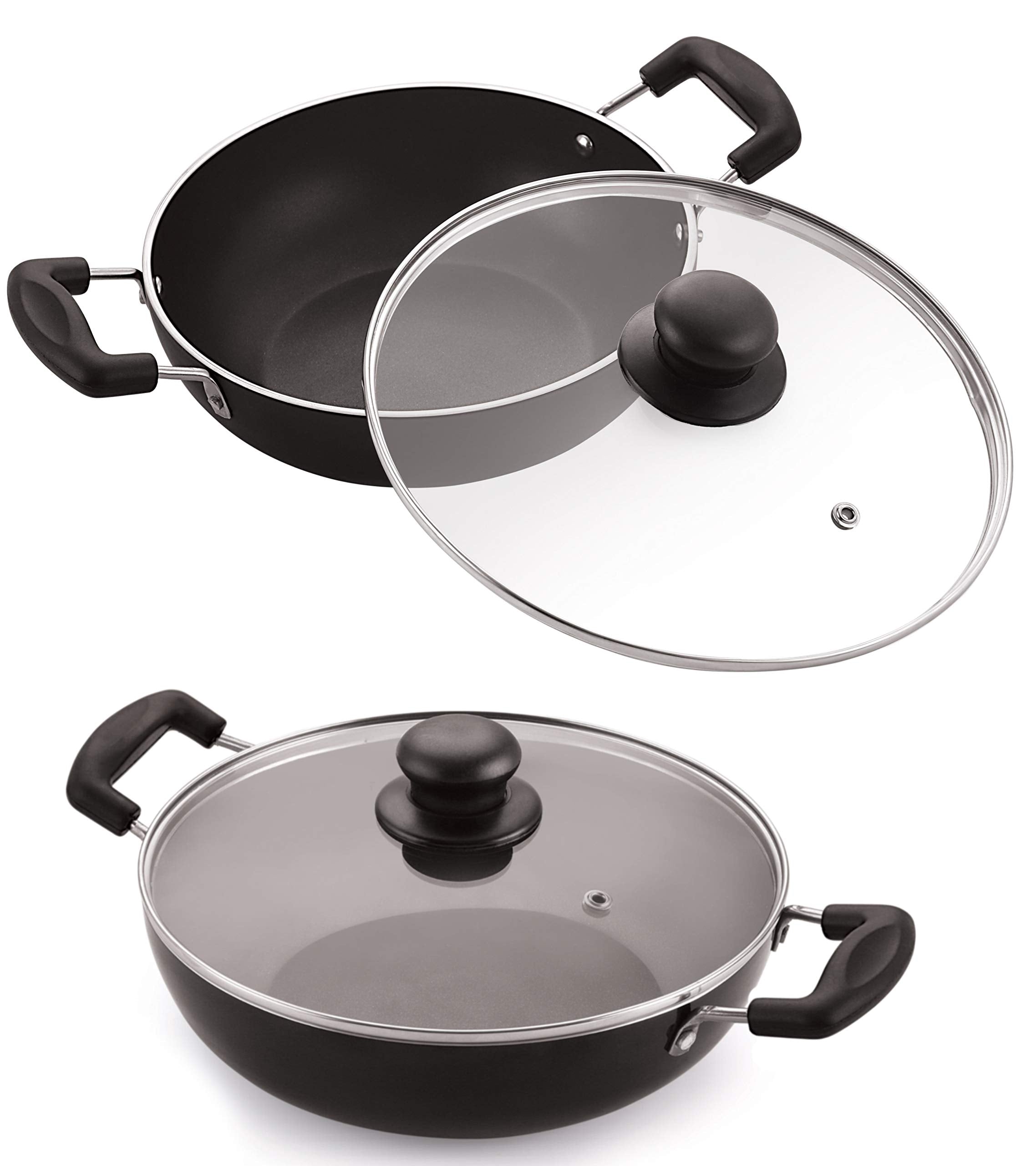 Celebrino 2 Pcs Deep Kadhai Set With Glass Lid, HeatResistant Strong Handle, Heavy Guage 4Mm Thick Aluminum Cookware For Induct