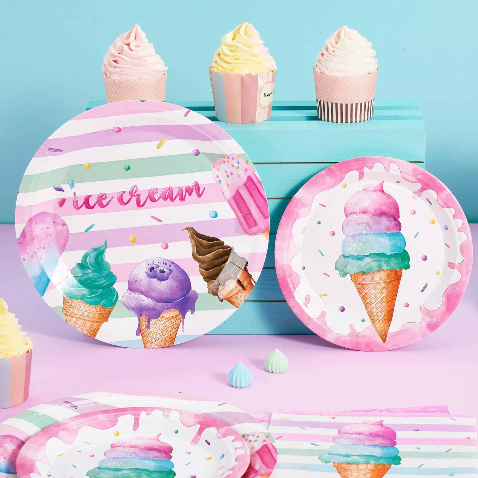 Wernnsai Ice Cream Party Supplies - 48Pcs Ice Cream Party Plates And Napkins Set For Girls Birthday Baby Shower Pink Disposable