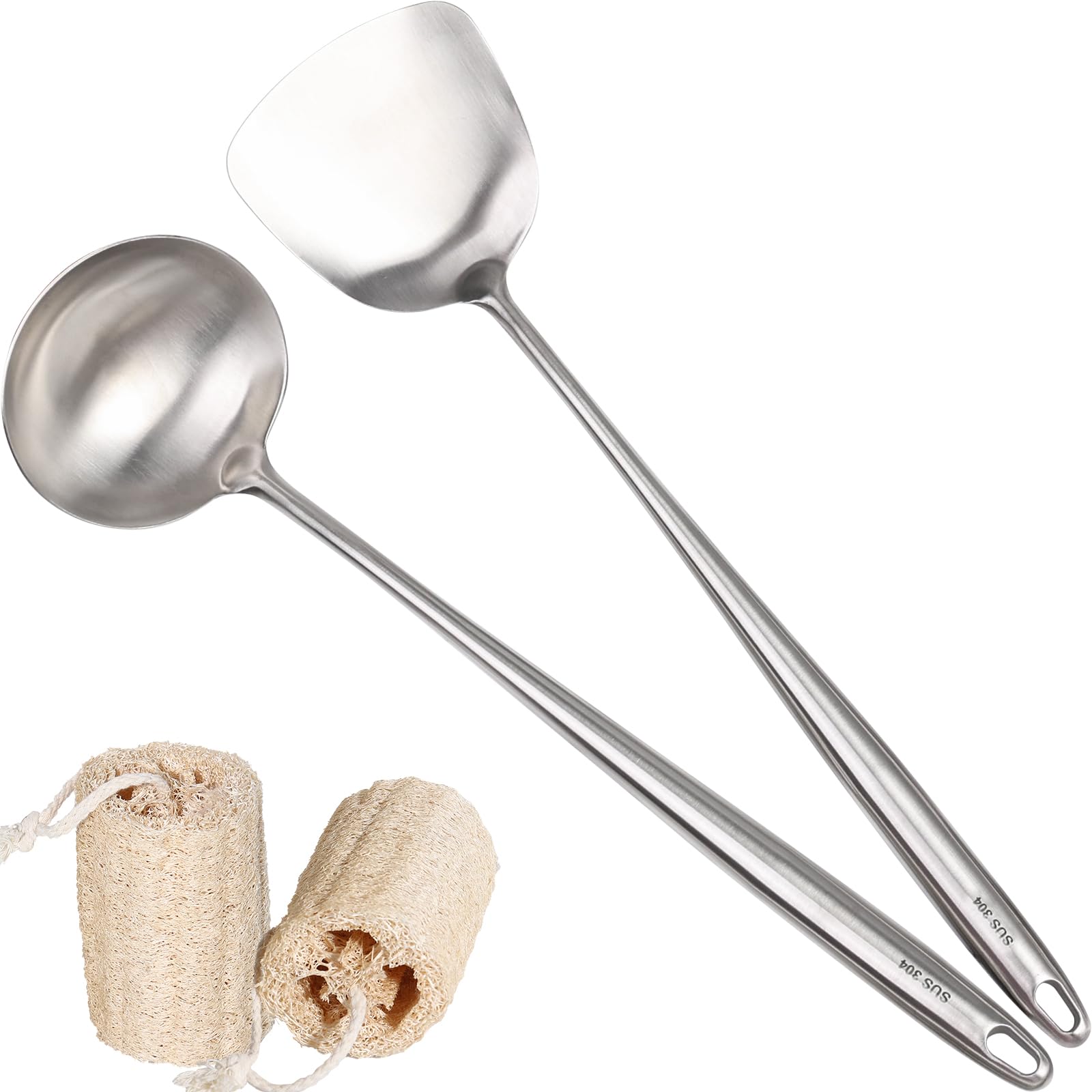 Wok Spatula And Ladle Tools Set,17 Long Handle 304 Stainless Steel Wok Spatula And Ladle Set For Wok Cooking,Heat Resistant Wok