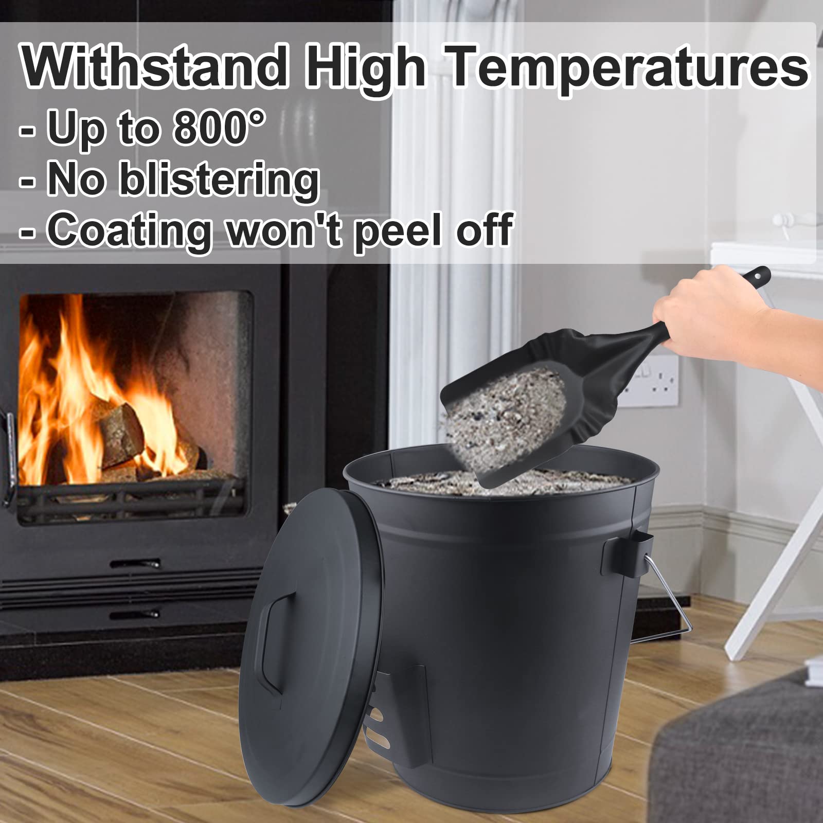 Ash Bucket With Lid And Shovel Hand Broom, 5.15 Gallon Large Galvanized Iron Metal Fireplace Tools Ash Pail For Fire Places Fire