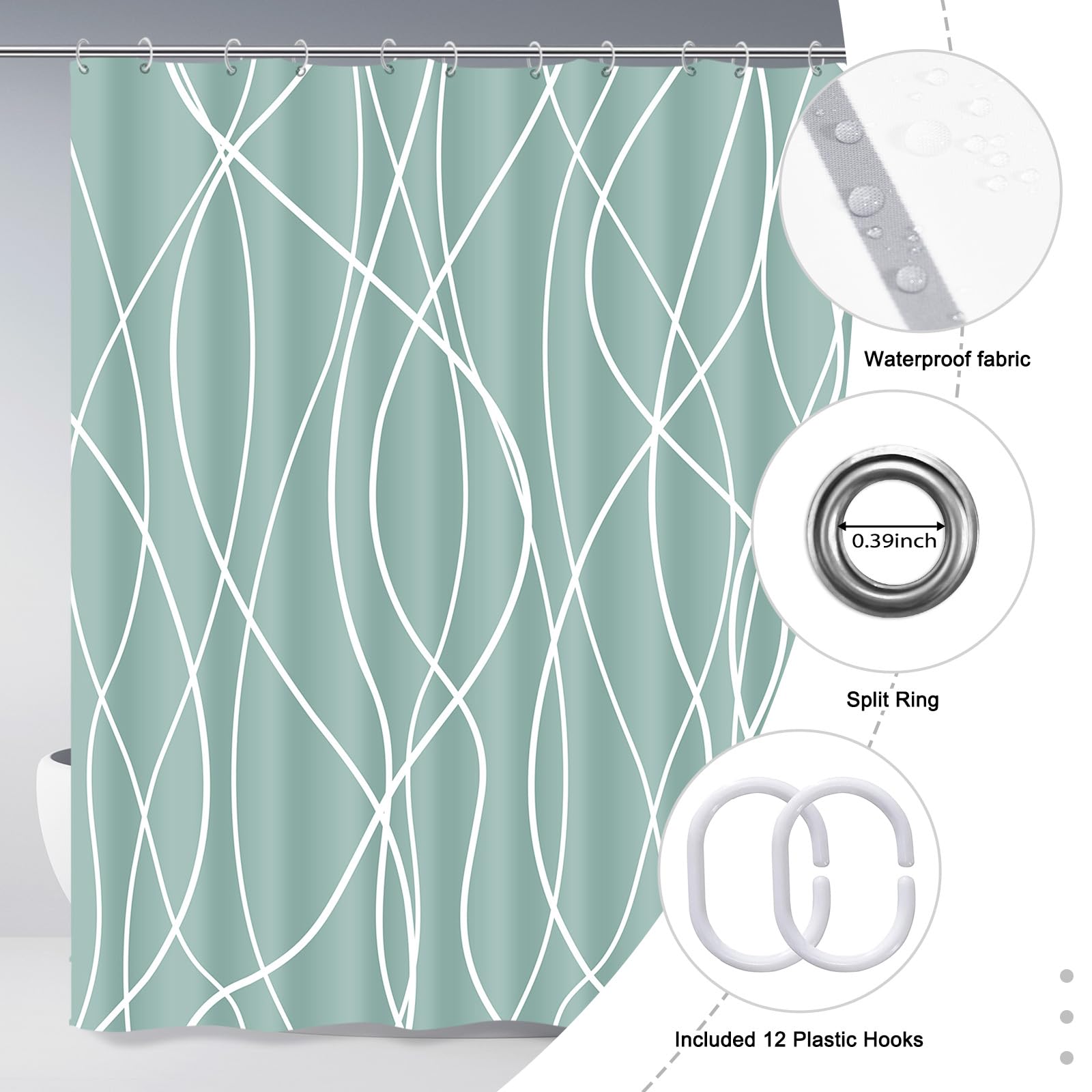 Punkray Light Green Shower Curtain for Bathroom with Hooks Shower Curtain Set White Stripe Bath Curtains Decorative Shower Curtains Water Repellent Washable  72x72