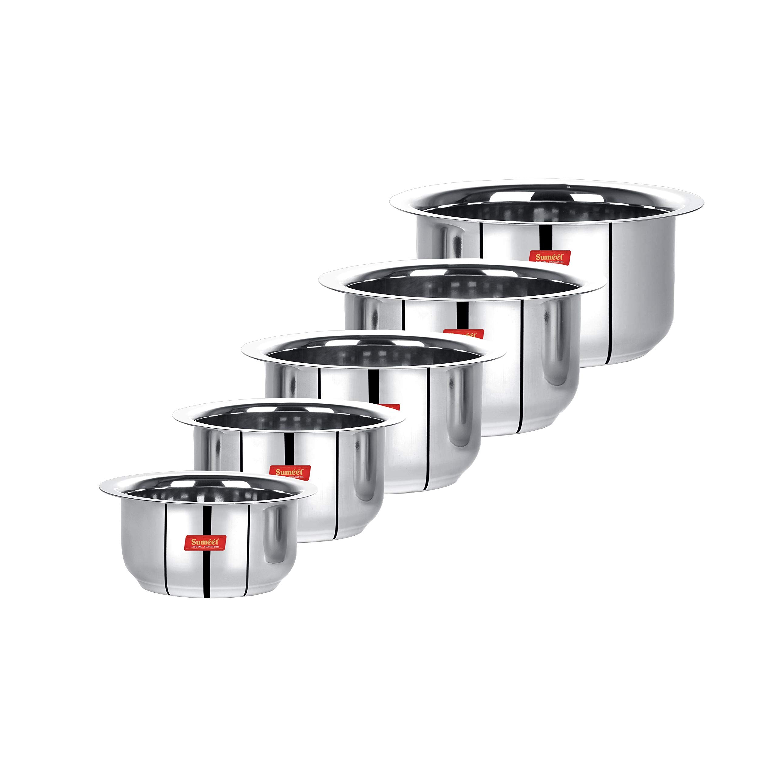 Sumeet Stainless Steel Friendly Tope/Patila/Cookware, 370Ml, 550Ml, 800Ml, 1100Ml,1400Ml, 5 Piece (Steel)