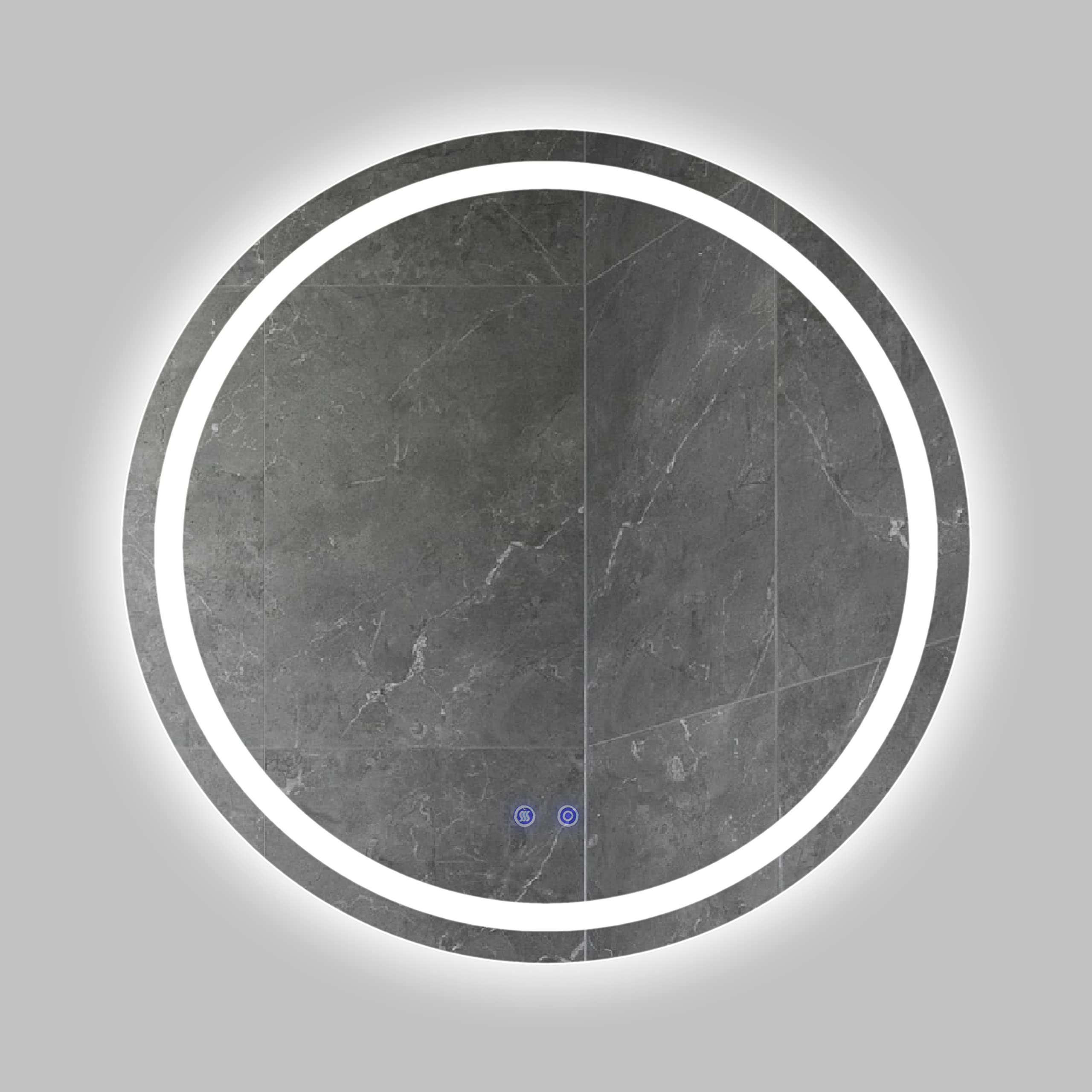 32 x 32 Inch Round Frameless LED Illuminated Bathroom Mirror, Touch Button Defogger, Metal, Frosted Edges