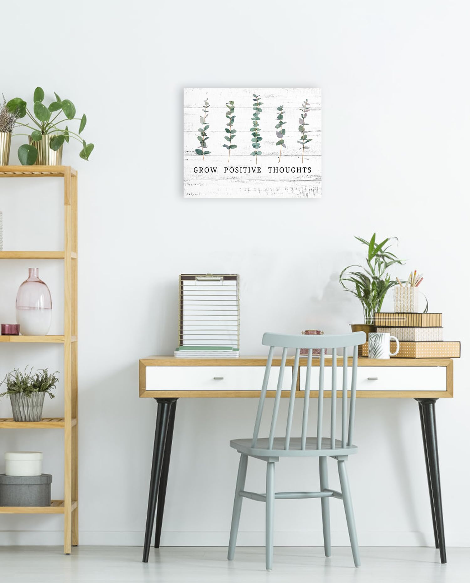 Grow Positive Thoughts Wall Art: Positive Quotes Inspirational Wall Sign For Office Women Kids Motivational Boho Eucalyptus Home