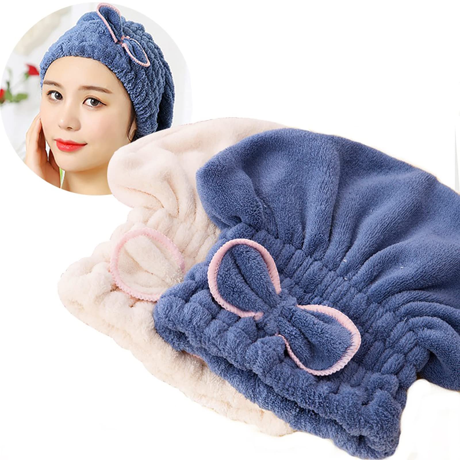 Jseng 2PC Microfiber Hair Drying Caps, Extrame Soft & Ultra Absorbent, Fast Drying Hair Turban Wrap Towels Shower Cap for Girls