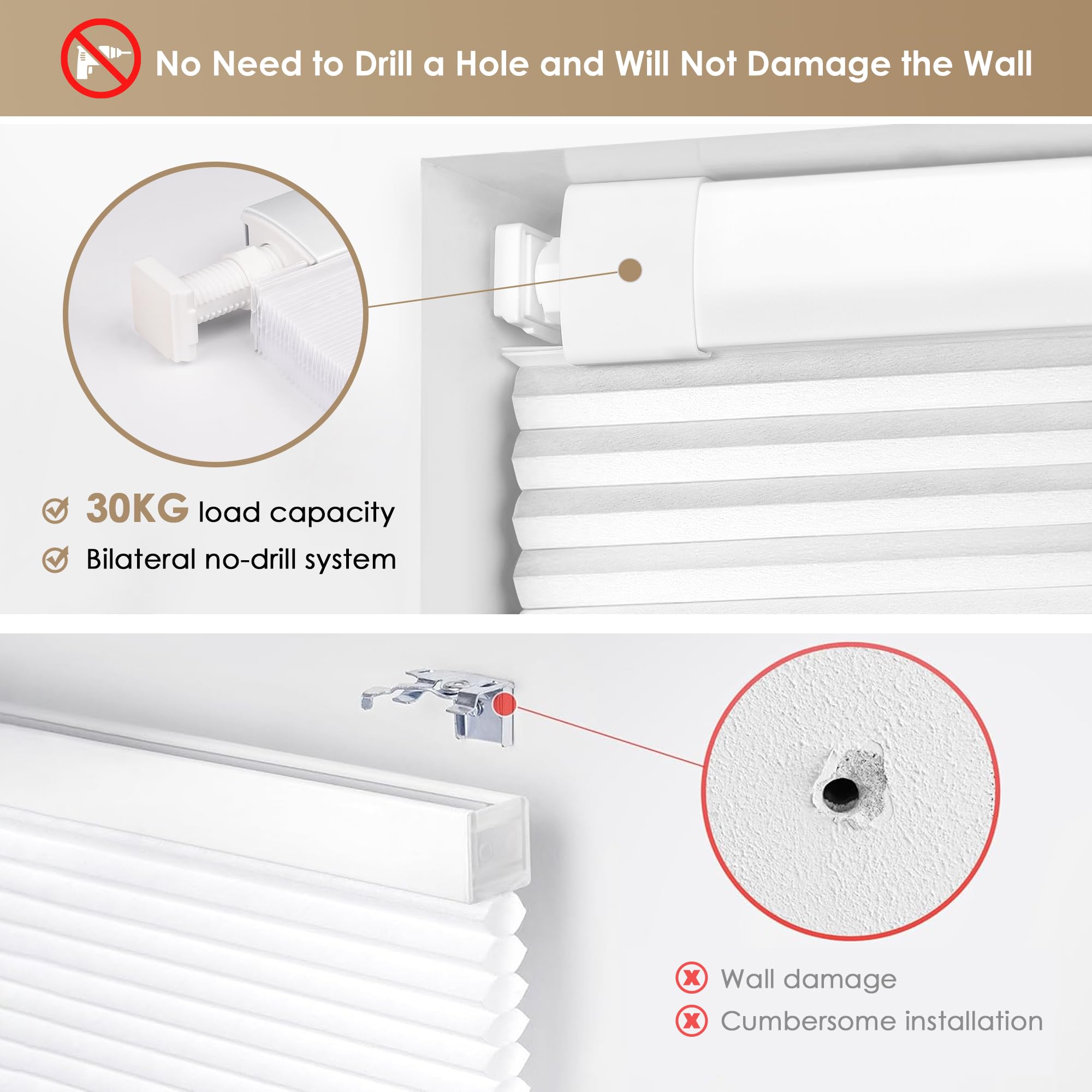 LazBlinds No Tools No Drill Cordless Cellular Shades, Blackout Light Blocking Honeycomb Shades for Home, Thermal Insulation Blin