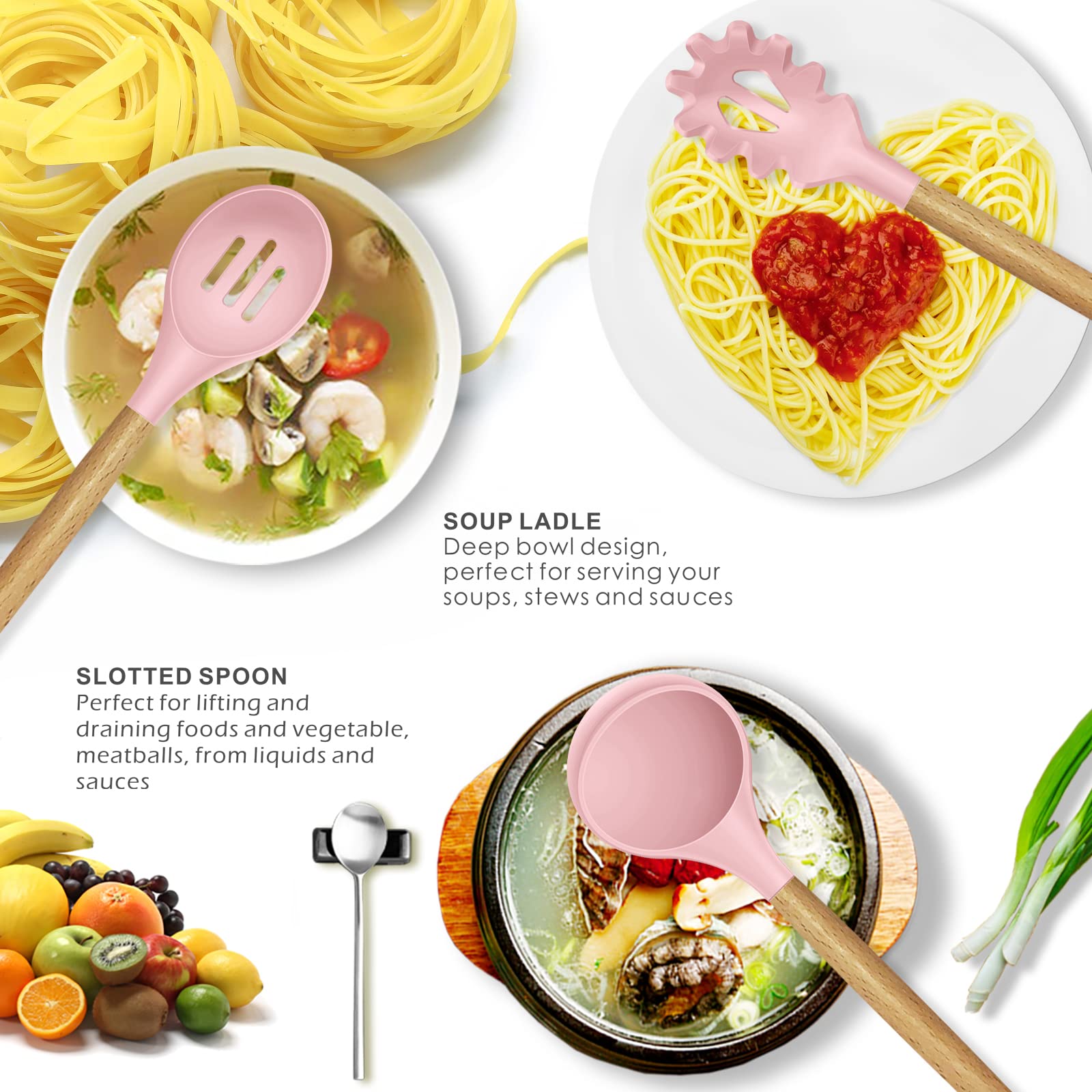 Silicone Kitchen Utensils Set - 446F Heat Resistant Cooking Utensil Sets, Spatula,Turner,Tongs,Spoon,Brush,Whisk, Wooden Handle