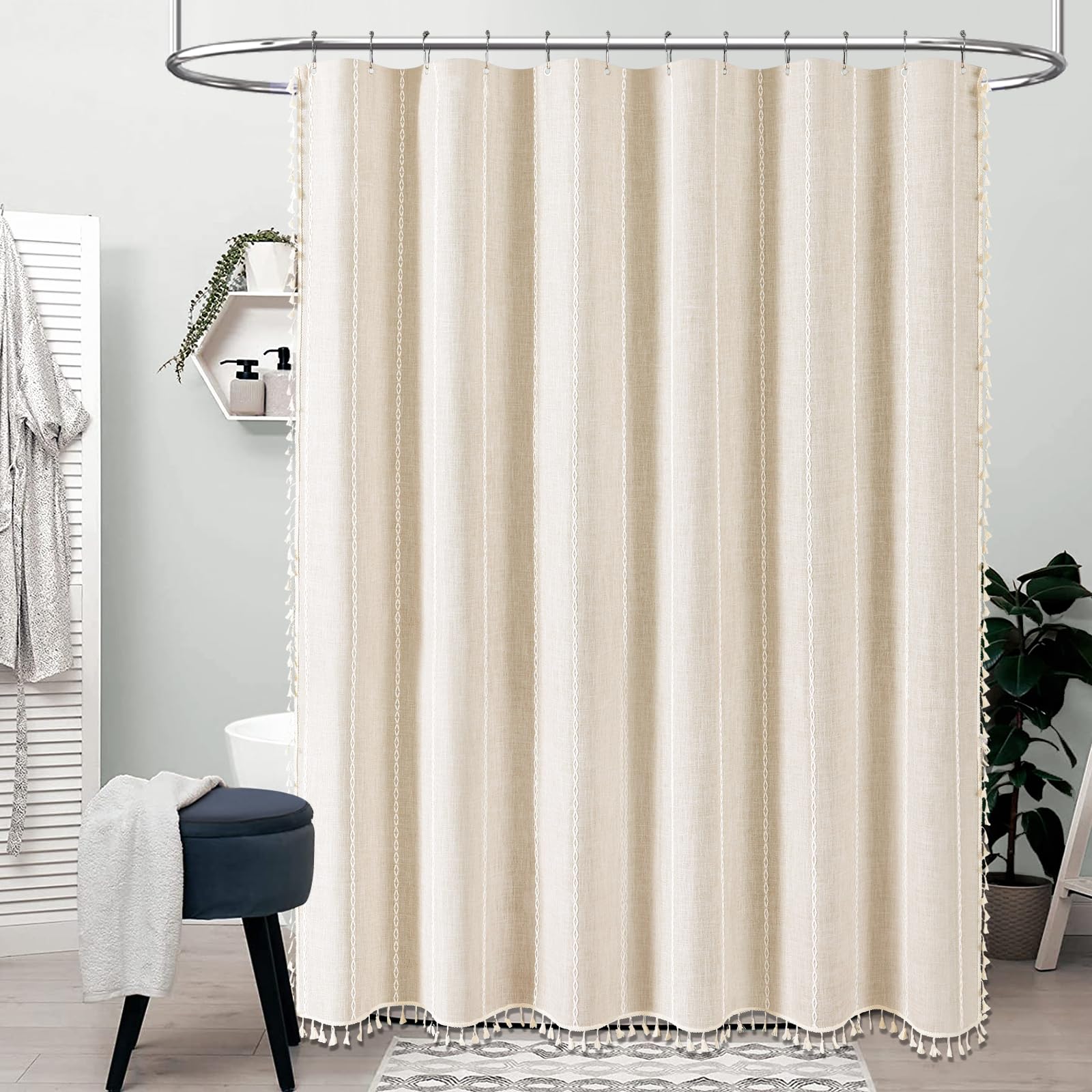 Bttn Boho Shower Stall Curtain - 48X72 Narrow Farmhouse Linen Ultra Thick Tassel Fabric Shower Curtain Set With 8 Hooks, Half St