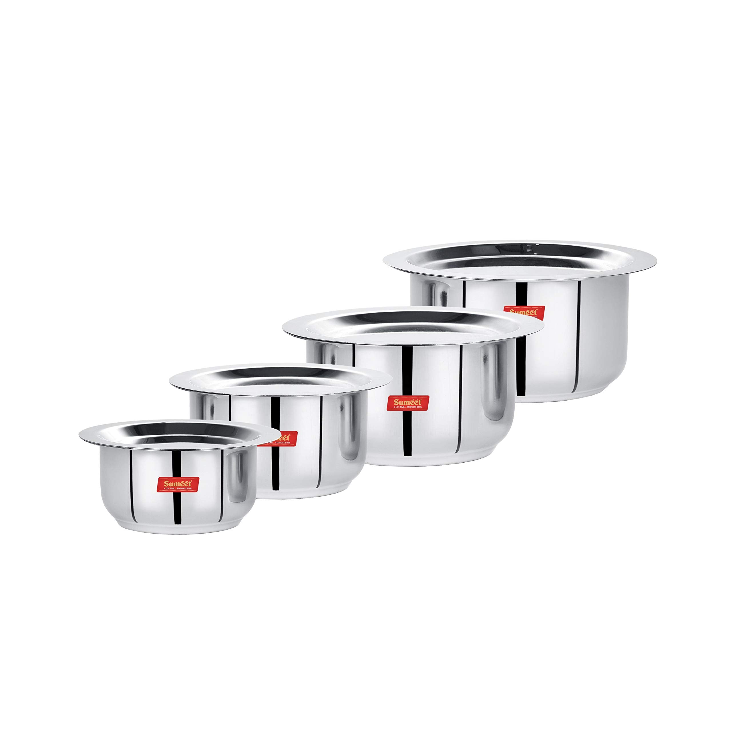 Sumeet Stainless Steel Mini to Small Size Flat Bottom Induction & Gas Stove Friendly Tope/Patila/Cookware Set of 4Pcs with Lids