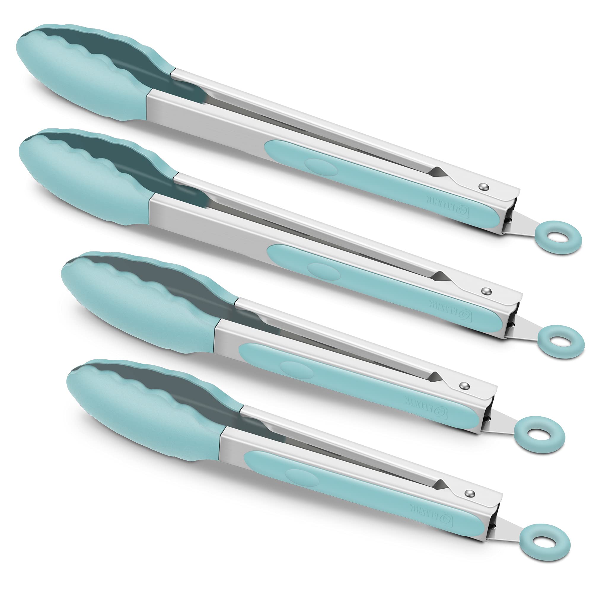 4 Pack Aqua Sky Kitchen Tongs, Premium Silicone Bpa Free Non-Stick Stainless Steel Bbq Cooking Grilling Locking Food Tongs, 9-In