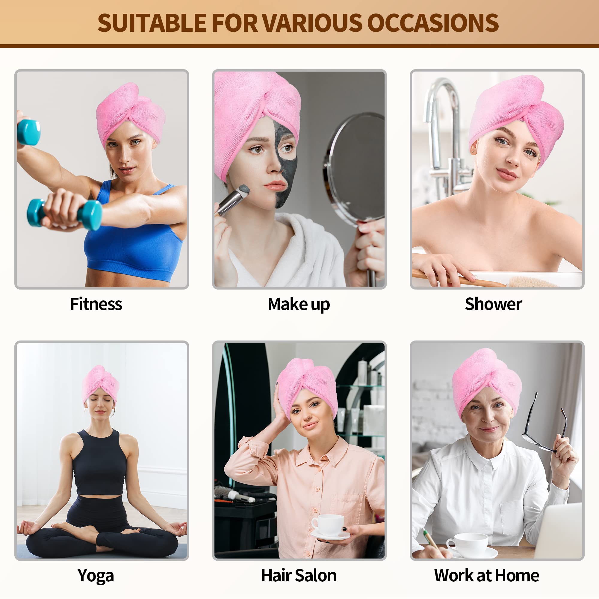 NEXCOVER Hair Towel Microfiber, 2 Pack Pink 9.8 inch X 25.5 inch Hair Wrap,Ultra Absorbent Hair Turbans,Fast Drying Head Towels