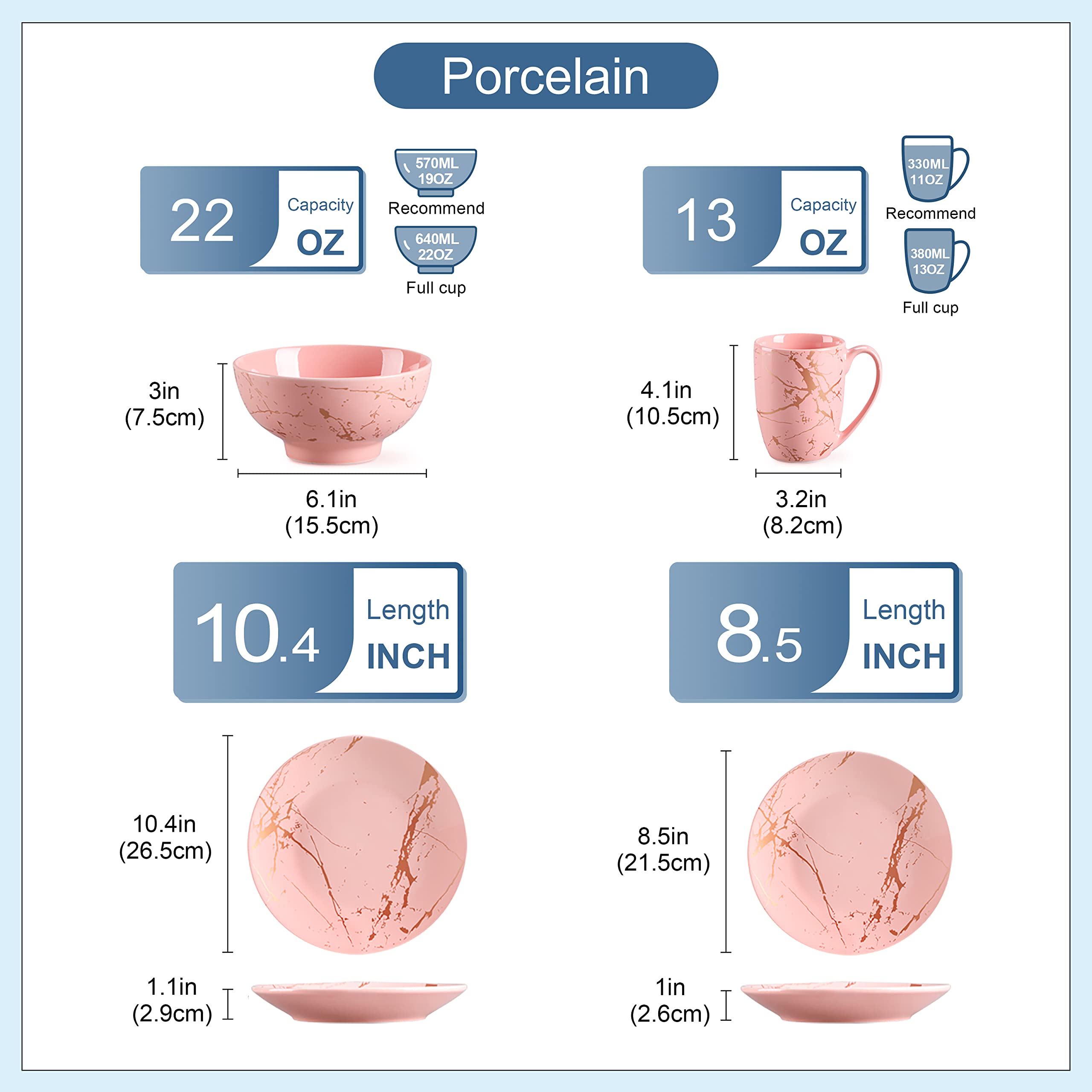 LOVECASA Pink Dinnerware Sets for 4, 16 Piece Porcelain Dish Set Plates and Bowls Sets with Mugs, Gold Splash Glaze Round Dish S