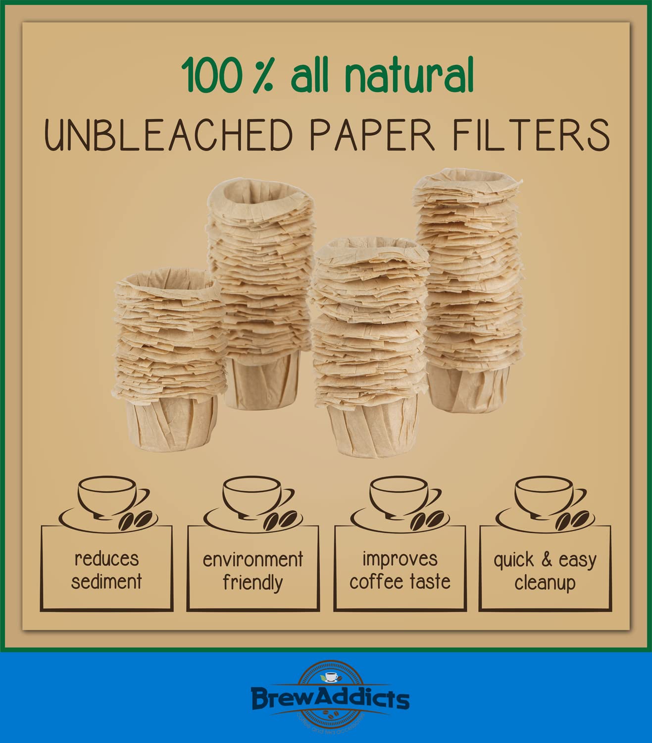 Brew Addicts Disposable Coffee Filters 300 Count  Brown  All-Natural & Unbleached Single-Use Coffee Filter for Reusable K Cups or Coffee Machines  Perfect Size & Quantity