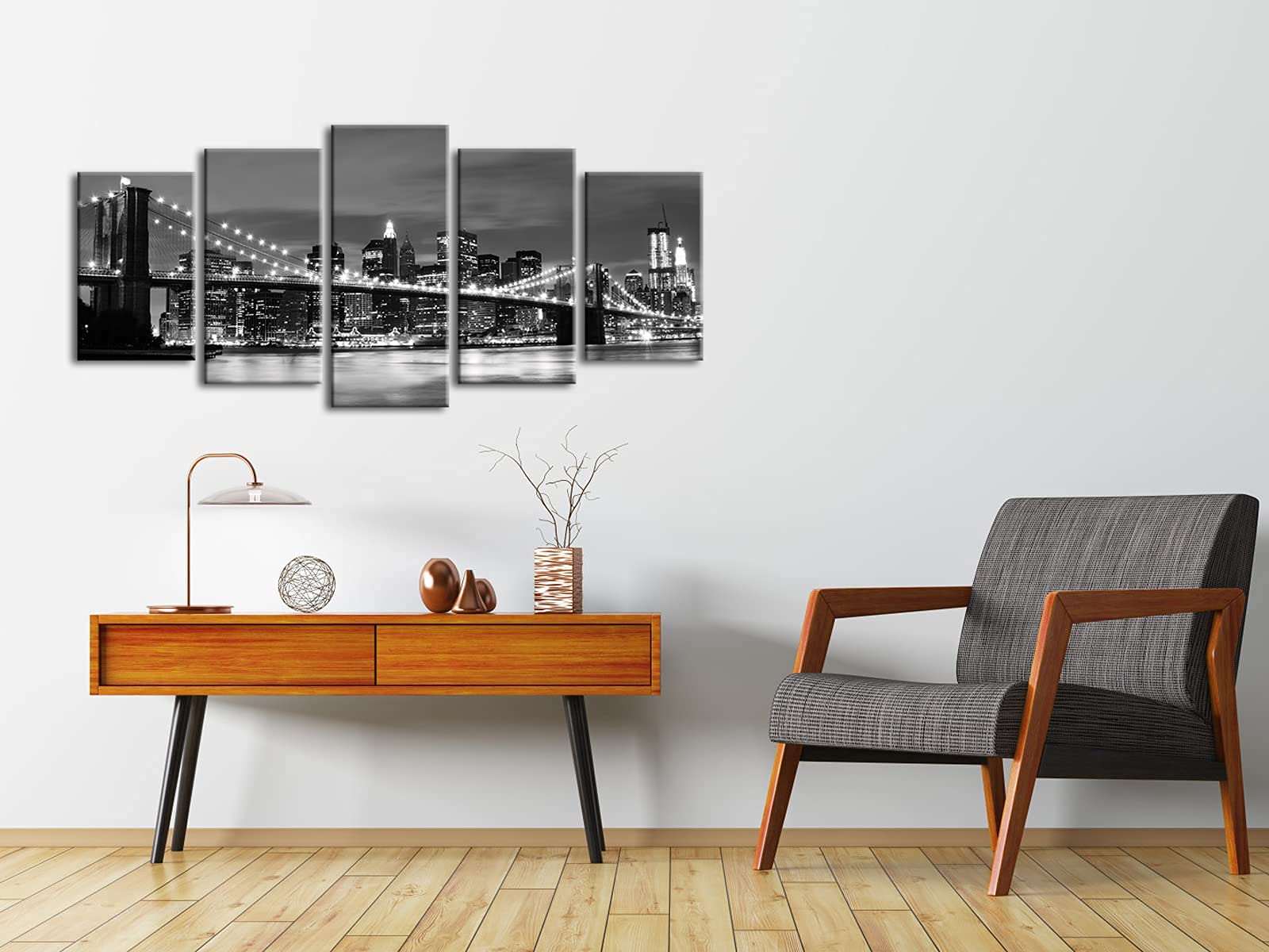 Wieco Art New York Brooklyn Bridge Canvas Wall Art Night View 5 Panels Modern Landscape Artwork Canvas Prints Abstract Pictures