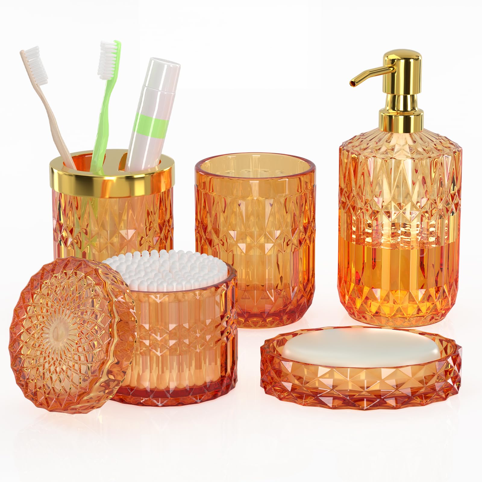 Orange Bathroom Accessories Set, 5 Pcs Glass Bathroom Accessories With Lotion Soap Dispenser, Soap Dish, Toothbrush Holder, Tumb