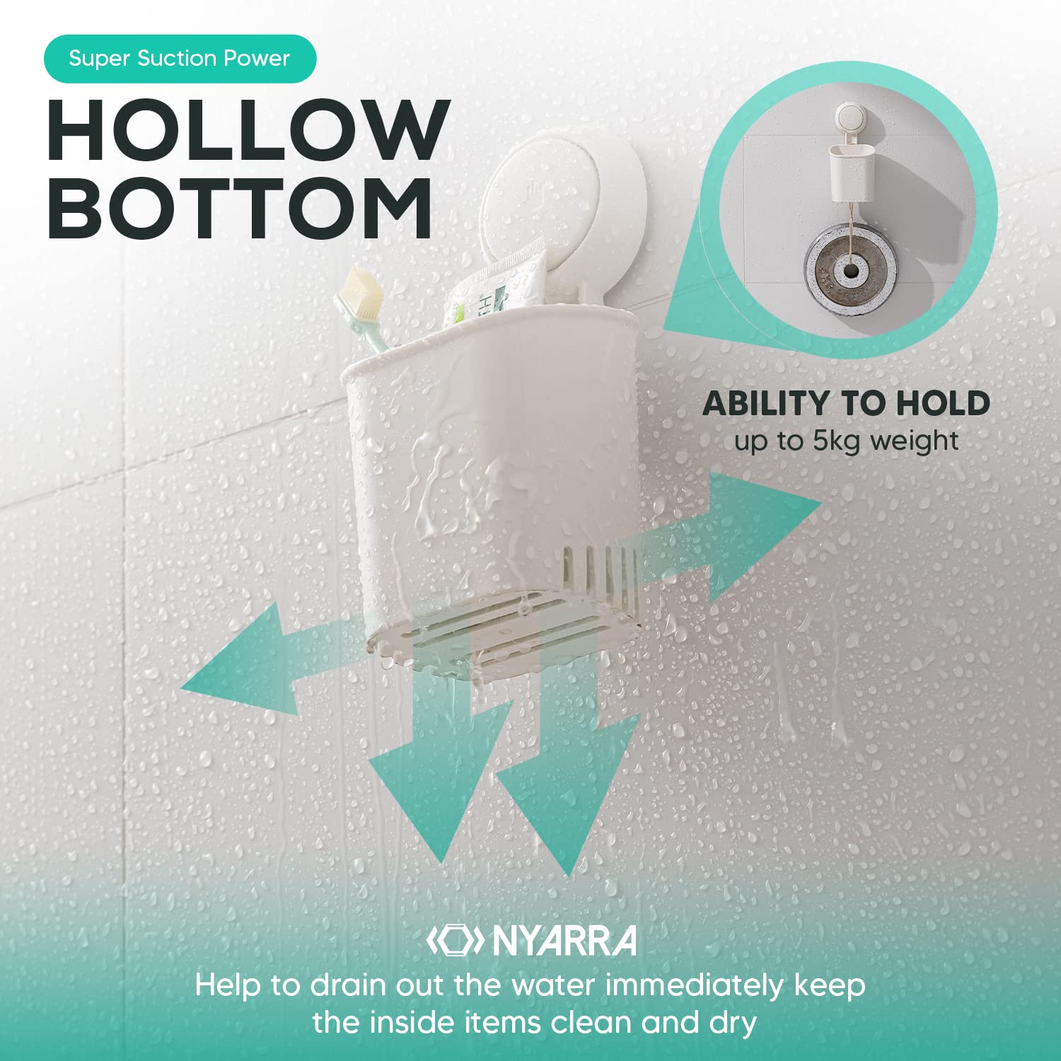 Nyarra Toothbrush Holder For Bathroom, Easy One Push Wall Mount With Powerful Vacuum Suction Cup, Multifunctional Organizer Whit