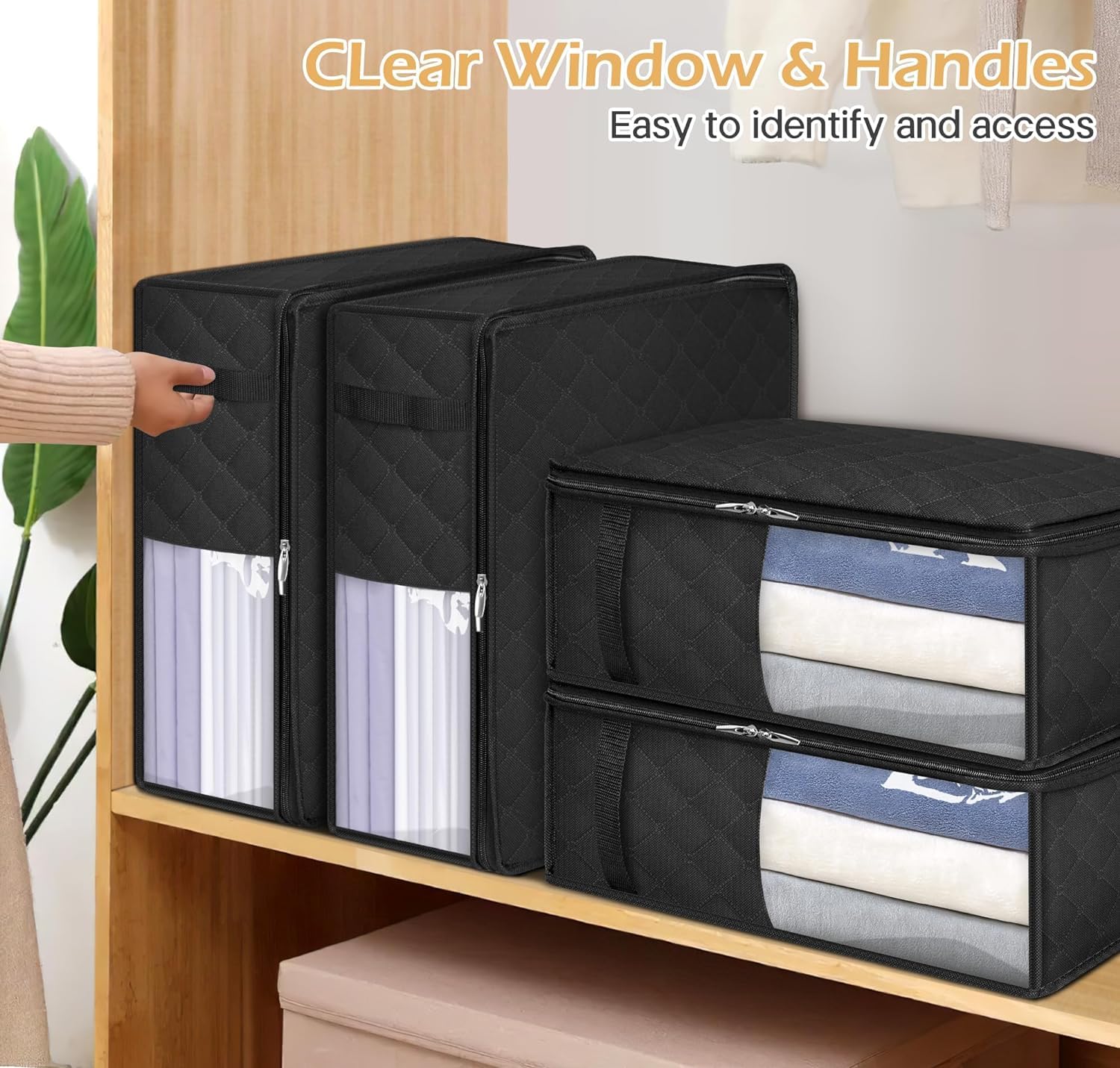 MISSLO Bed Sheet Organizers and Storage Queen/King Size Sheet Folder 4 Pack Linen Closet Organizer with Clear Window Blanket Sto