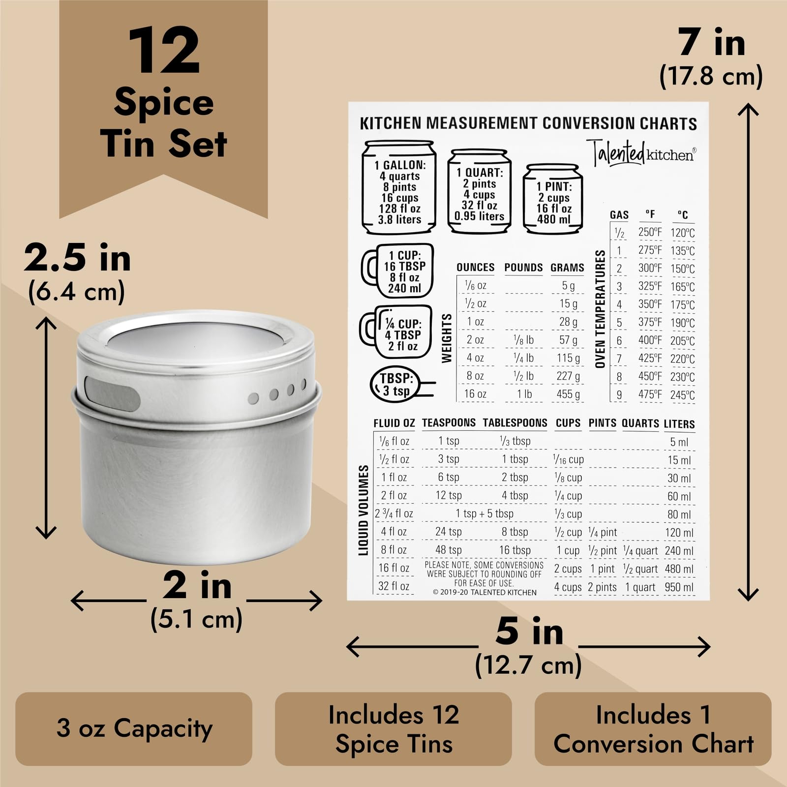 Talented Kitchen Magnetic Spice Jars for Refrigerator - 3oz Metal Spice Containers with Sift-and-Pour Lids (12 Magnet Spice Jars