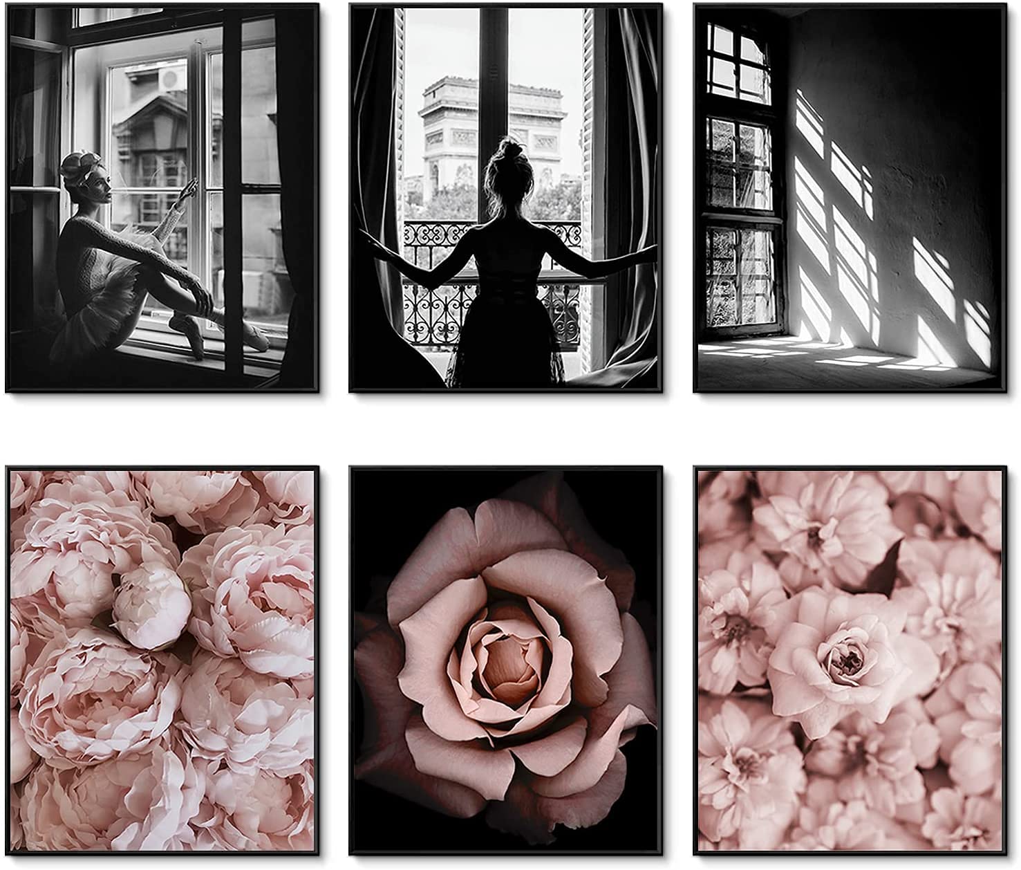 Hoozgee Fashion Wall Art Prints Black And White Fashion Art Pink Roses Flower Wall Decor Floral Trendy Posters Prints Canvas Wal