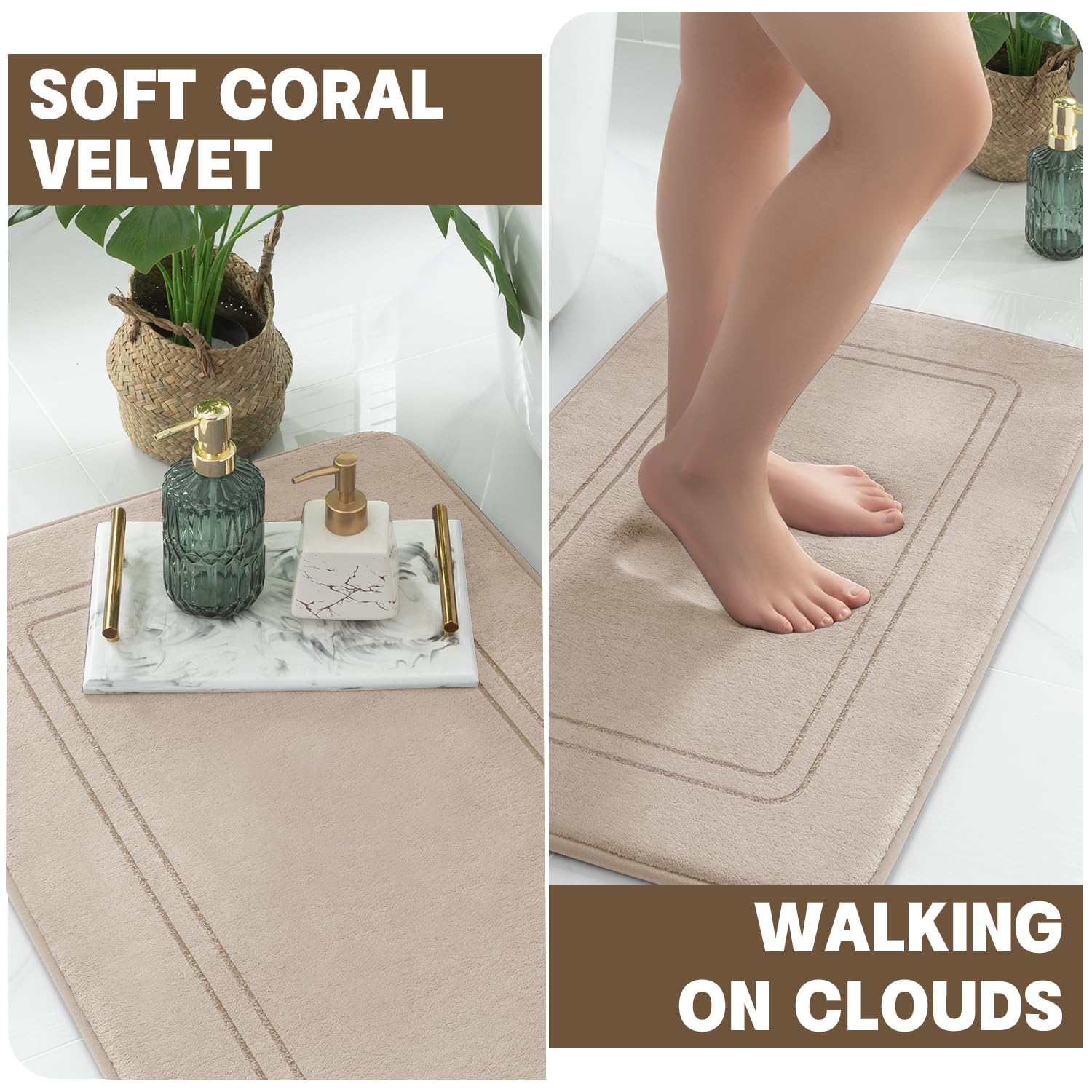 Yihouse Beige Memory Foam Bathroom Rug Set 5 Piece, Absorbent Bathroom Mat Set, Non Slip Bath Mats For Bathroom, Washable & Dry